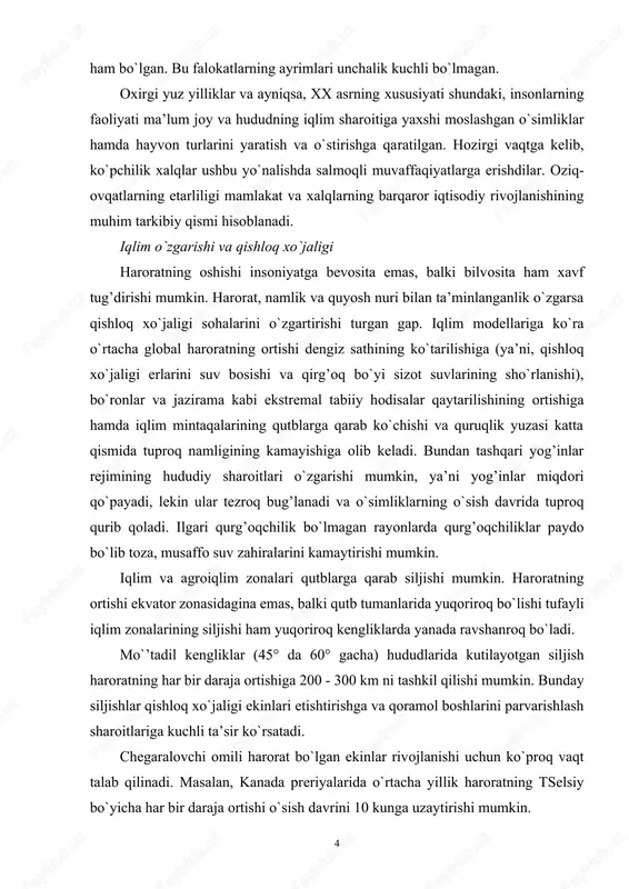 `lib toza, musaffo suv zahiralarini kamaytirishi mumkin. iqlim va agroiqlim zonalari qutblarga qarab siljishi mumkin. haroratning ortishi ekvator zonasidagina emas, balki qutb tumanlarida yuqoriroq bo`lishi tufayli iqlim zonalarining siljishi ham yuqoriroq kengliklarda yanada ravshanroq bo`ladi. mo`’tadil kengliklar (45° da 60° gacha) hududlarida kutilayotgan siljish haroratning har bir daraja ortishiga 200 - 300 km ni tashkil qilishi mumkin. bunday siljishlar qishloq xo`jaligi ekinlari etishtirishga va qoramol boshlarini parvarishlash sharoitlariga kuchli ta’sir ko`rsatadi. chegaralovchi omili harorat bo`lgan ekinlar rivojlanishi uchun ko`proq vaqt talab qilinadi. masalan, kanada preriyalarida o`rtacha yillik haroratning tselsiy bo`yicha har bir daraja ortishi o`sish davrini 10 kunga uzaytirishi mumkin. yozgi qurg’oqchilikning ortishi natijasida mo`’tadil kengliklarda o`simliklarning hosili 10 - 30 % gacha kamayishi mumkin. haroratning ortishi tuproq namligini kamaytiradi. mo`’tadil kengliklarda yillik haroratning 1°s ga ortishi natijasida bug’lanish sur’atlari taxminan 5 % ga ko`payadi va balki aqshning buyuk tekisliklari kabi bugungi kunda etakchi bug’doy etishtiruvchi rayonlar qurg’oqchilik va jazirama …