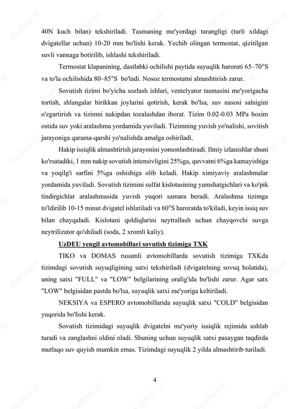 va zanglashni oldini oladi. shuning uchun suyuqlik satxi pasaygan taqdirda mutlaqo suv quyish mumkin emas. tizimdagi suyuqlik 2 yilda almashtirib turiladi. sovutish tizimi bo'yicha ta'mirlash ishlari diagnostika natijalariga ko'ra bajariladi. 3. moylash tizimida uchraydigan nosozliklar, ularning alomatlari va kelib chiqish sabablari. ish jarayonida dvigatel karteridagi moy satxi kamayib, sifati o'zgaradi. bular dvigatelning buzilishiga va boshqa nosozliklarni keltirib chiqarishga olib keladi. dvigatelning ishlash jarayonida moy sifati yomonlashishiga sabab, uni metall zarrachalari, oksidlanishi va yonilg'i qo'shilib ifloslanishidandir. shuningdek, moyga yaxshi moylanish sifatini beruvchi qo'shimchalarning moy tarkibida miqdorini kamayib borishi, moy sifatini pasaytiradi. mexanik aralashma, qo'shimchalar metall zarrachalaridan iborat bo'lib, bular ikki ishqalanuvchi sirt sirpanishidan hosil bo'ladi. mineral aralashma (qum, chang) lar, havo bilan (dvigatel) moyiga qo'shilib, moyning moylash xossasini kamaytiradi. moy tarkibida, mexanik aralashmaning miqdori 0,2% dan oshmasligi kerak. havodagi kislorodning ta'siri bilan moy oksidlanib qoladi va karterga tushib, qizigan va kirlangan moy bilan aralashib ketadi. kislotalar oksidlovchi modda hisoblanib, silindrlar devorini, …