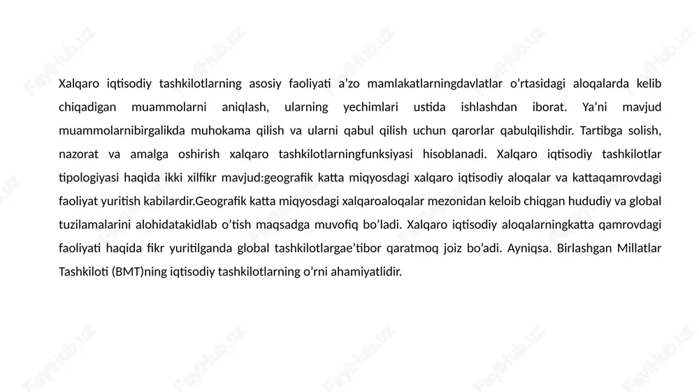 da to‘qimachilik va tikuvchilikka oid qimmatbaho mahsulotlarni ishlab chiqarish kuchayadi. ayniqsa, mamlakatimizda yetishtirilgan meva va sabzavotlar eksportini kuchaytirish zarur. yana bir muhim vazifalardan biri - bu dehqon va fermer xo‘jaliklarga tashqi bozorda barqaror xaridorlarni topishdir. ishlab chiqarishning rivojlanishiga hamohang ko‘plab mahsulotlarning, jumladan, yoqilg‘i, oziq-ovqat va xalq iste’moli buyumlarining importi qisqarmoqda. umumiy importning 3/4 qismini texnik va ishlab chiqarish jihozlari hamda asbob-uskunalar tashkil qiladi. bu mamlakat iqtisodiyotining rivojlanish istiqbollariga aynan mos keladi. o‘zbekistonda 4200 dan ortiq xorijiy korxona faoliyat ko‘rsatmoqda. endilikda o‘zbekiston jahon banki, osiyo taraqqiyot banki, islom taraqqiyot banki, opec xalqaro rivojlanish jamg‘armasi, saudiya taraqqiyot jamg‘armasi kabi xalqaro moliyaviy tashkilotlar bilan yaqin hamkorlik qilmoqda. xalqaro moliyaviy tashkilotlar bilan hamkorlik qilib, mamlakat ishlab chiqarish kuchlarini modernizatsiya qilish va yangilash uchun chet el sarmoyasini kiritish shakli investitsiya deb ataladi. mamlakat taraqqiyotini jadallashtirish uchun investitsiyalarni yanada ko‘proq jalb etish maqsadga muvofiq bo‘ladi. tashqi iqtisodiy aloqalarni rivojlanish istiqbollari taqozosi o‘laroq mamlakatimiz hududida maxsus erkin …