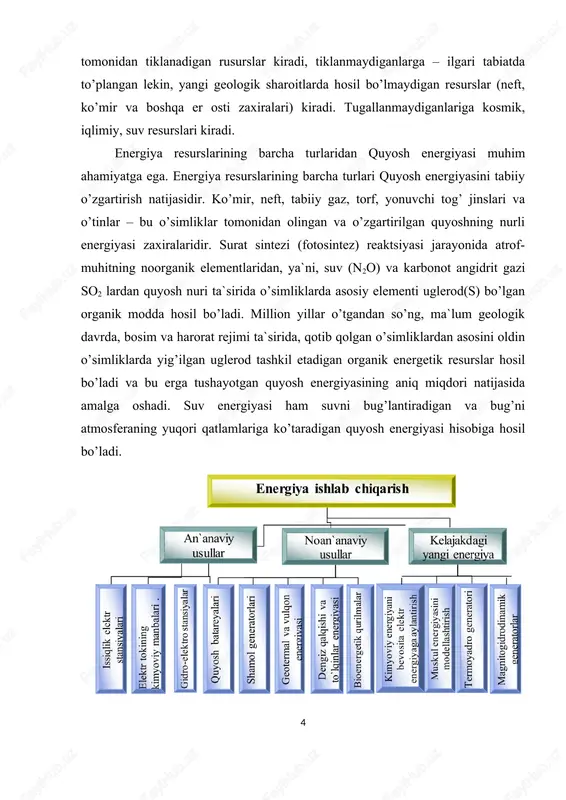 energiya) energiyaga birlamchi energiya deyiladi. birlamchi energiyani maxsus qurilmalarda-stansiyalarda insoniyat tomonidan qaytadan hosil qilinadigan energiyaga (bug’ energiyasi, issiq suv energiyasi va hokazo) ikkilamchi energiya deyiladi. birlamchi energiyani qay usulda qayta hosil qilinishiga qarab stansiya shunday nomlanadi. masalan, issiqlik elektr stansiyasi (qisqacha ies) issiqlik energiyasini (birlamchi) elektr energiyaga (ikkilamchi) aylantirib beradi, gidroelektr stansiyada (ges) - suv energiyasini elektr energiyaga, atom elektr stansiyasida (aes) - atom energiyasini elektr energiyasiga aylantirib beradi, undan tashqari to’lqin energiyasini elektr energiyasiga aylantirib beruvchi to’lqin elektr stansiyasi va boshqa stansiyalar mavjud. energiyani kerakli turda olish va iste’molchilarni ta’minlash energetik ishlabchiqarish jarayonida kechadi va u besh bosqichdan iborat. 1. energetika zahiralarini olish va to’plash: yoqilg’ini qazib olish va boyitish, gidrotexnik qurilmalar yordamida bosimni to’plash va hakazo. 2. energiyani qayta hosil qiluvchi qurilmalarga energetik zahirani keltirish. 3. taqsimlash va iste’mol uchun eng qulay bo’lgan usulda, birlamchi energiyadan ikkilamchi energiya hosil qilish (asosan issiqlik va elektr energiyasi). 4. qayta hosil …