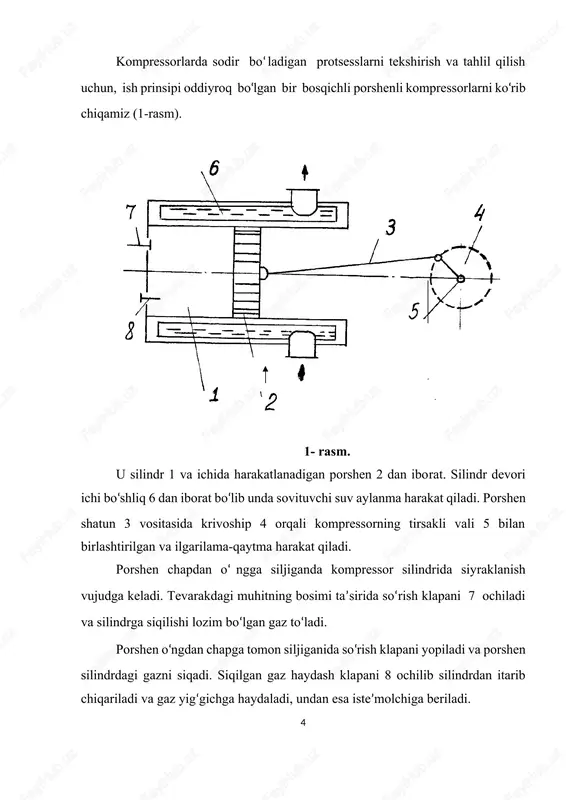laridan issiqlik olib ketilmaganda gazni siqish protsessi 1-2 adiabata bo‘yicha boradi. silindr devorlaridan issiqlik tez olib ketib turilganda protsess 1-2 izoterma bo‘yicha sodir bo‘ladi. ko‘rinib turibdiki, ikkala protsessdan izotermik protsess tejamlirok, chunki izotermik siqishda sarf bo‘ladigan ish adiabatik siqishdagiga qaraganda son jihatdan 12 21 yuzaga teng miqdorda kam bo‘ladi. lekin real kompressorda gazni izotermik siqib bo‘lmaydi, chunki silindrni sovituvchi suv havoni siqishda chiqadigan issiqlikning hammasini olib keta olmaydi. shuning uchun real sharoitlarda siqilish protsessi 1-2 politropa bo‘yicha ketadi. politropa chizig‘i izoterma va adiabata chizig‘i orasida bo‘lib, politropa ko‘rsatkichi pq 1,18 1,25 atrofida bo‘ladi. kompressor silindrida 1 kg siqishda sodir bo‘ladigan protsessning xarakteriga qarab, kompressorning to‘liq solishtirma ishi l turlicha qiymatga ega bo‘ladi. izotermik protsessda bo‘lganligi uchun: (2) adiabatik protsessda siqilish ishi: (7. 1) formulaga ko‘ra kompressorning to‘liq solishtirma ishi: ( 3) politropik siqilishda kompressorning to‘liq solishtirma ishi quyidagiga teng: (4) yuqorida aytib o‘tilganidek, kompressor iste’mol qiladigan ishni kamaytirish uchun uning …