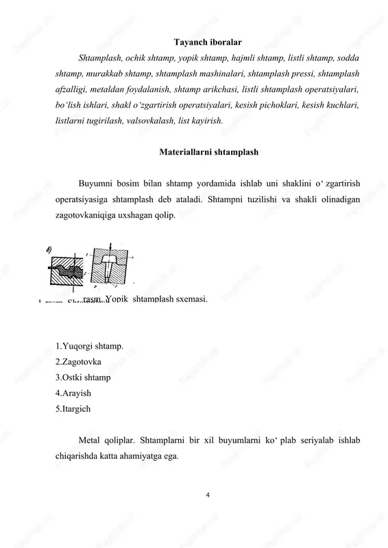 kuchi 5000-8000 kg bo‘lib bir minutda 35-90 marta uriladi. molotlar bilan shtamplashda urish natijasida deformatsiya asosan zagotovkani yuza katlamida bulsa, krivoship-shtamplash presslarida deformatsiya kichikdan kattalashib borgani uchun zagotovkani deformatsiyasi bir tekisda bo‘ladi. eng ko‘p ishlatiladigan krivoship va gidravlik presslar bo‘lib, krivoship shtamplash pressini sxemasi rasmda berilgan. 1.remenli uzatma. 2. elektrodvigatel 3.tormoz 4.shatun 5.polzun 6.stol 7.mufta 8. tishli uzatma 9.val sovuk holda hajmli shtamplash rangli metallar va kotishmalari hamda kam uglerodli po‘latdan shtamplash usuli bilan turli detallar tayyorlanadi. bunday shtamplashda buyum maxkam bo‘lib koladi va uni mexanik va fizik xususiyati yuqori tomonga uzgaradi. sovuklayin hajmli shtamplash bilan katta bulmagan sodda pokovkalar detallar tayyolanadi. listli shtamplash. yupka devorli yassi tekis va fazoviyiy buyumlarni list, lenta, metalmas materiallardan tayyorlanadi. listli shtamplash- shtamplash mashinalarida krivoship presslash presslarida bajariladi. kalinligi 0.15-4 mmgacha bo‘lgan listli material yupka listli bo‘lib sovuklayin shtamplanadi. kalinligi 4-60 mmgacha bo‘lgan listlar kalin listli bo‘lib, yupkarogi sovuklayin va kalinrogi issiklayin ishlatiladi. listli …