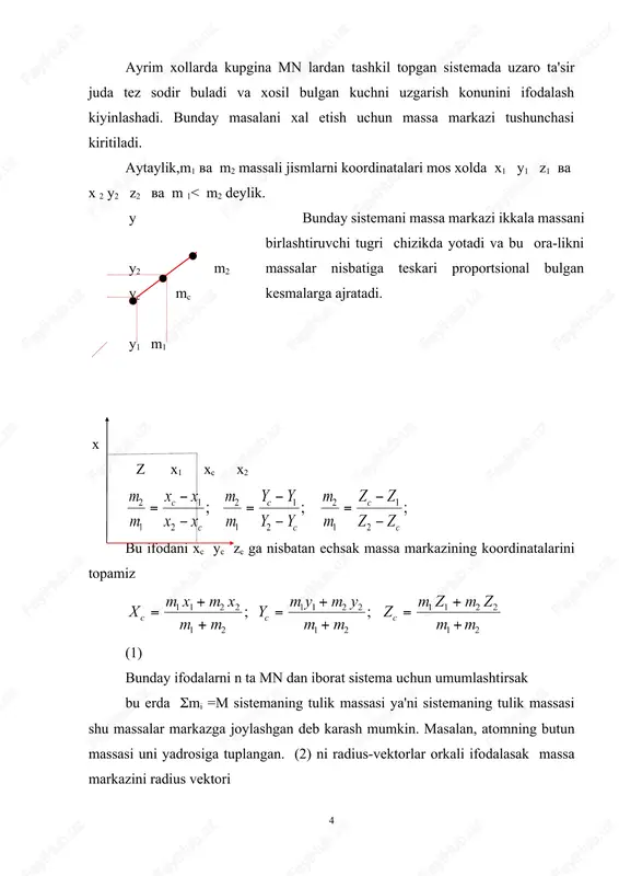 sil buladi. (-) belgisi raketa va gaz okimi tezliklarining karama-karshi yunalishdaligini bildiradi. chikuvchi gazlarning raketaga nisbatan tezligi v = const bulsa ni topamiz. bu ifodani 0 dan v gacha va mo dan m gacha intervalda integrallasak yoki ifodani olamiz. bu raketa ega bulishi mumkin bulgan eng katta tezlikdir. u k.e. siolkovskiy formulasidir. (5) dan kurinadiki , raketaning tezligi gazning raketaga nisbatan tezligi xamda raketaning boshlangich va oxirgi massalarining nisbatiga boglik ekan. shunday kilib , raketa tezligi katta bulishi uchun uning foydali ( yonishidan sunggi) massasi juda kichik buladigan sharoitga ega bulishi lozim. raketada m0 massa bor (v=0).agar unga v muljallangan tezlik berilishi mumkin bulsa m0m exr. ortib boradi. bu texnik jixatdan kiyin. agar otilib chikuvchi gazlarni tezligini ortirsak m0 ni ancha kamaytirish imkoni tugiladi va vazifa engillashadi. bunday kiyin muammoni birinchi marta siolkovskiy xal kilish yulini kursatdi.u harakat vaktida raketani massasini kamaytirib borish (kup boskichli raketalar), xisobiga uni tezligini oshirish …