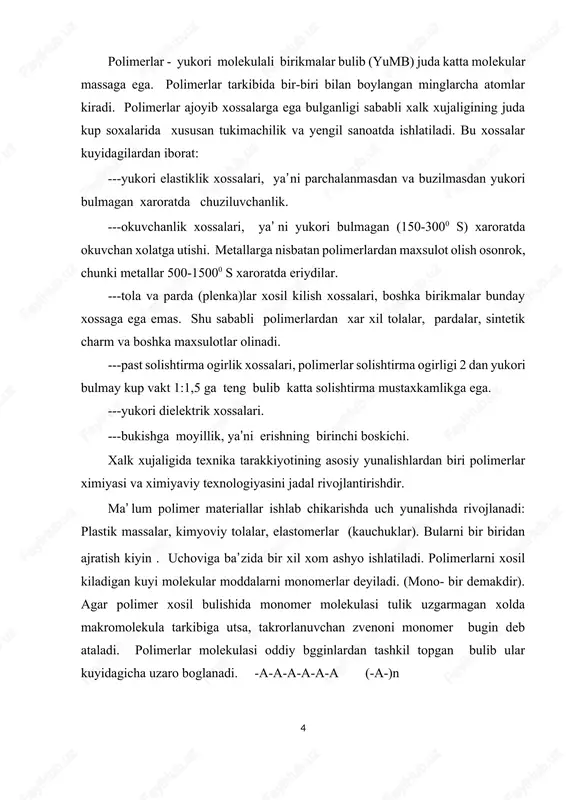 a axamiyatga ega. makromolekulaning shakliga kura, polimerlarning fazoviy tuzilishlari, ya’ni tursimon shaklli makromolekulalar keng tarkalgan. tursimon makromolekulalarga rezina maxsulotlari, kauchukni kayta ishlangan polimerlar, ba’zi plastmassalar(termoreaktiv) va oshlangan teri charm maxsulotlari kiradi. bu polimerlardan tola olinmaydi. asosiy polimer zanjirining ximiyaviy tuzilishiga kura klassifikatsiyalash gomozanjirli polimerlar bu polimerlarni asosiy zanjirlari bir xil atomlardan tuzilgan. bular orasida asosiy urinni zanjirlari fakat uglerod atomlaridan tashkil topgan karbozanjirli polimerlar egallaydi. -sn2- sn2 -sn2 -sn2 -sn2 -sn2- polietilen(polietin) -sn2- sn -sn2 -sn -sn2 -sn- | | | ch3 ch3 ch3 polipropilen (polipropen) -sn2- sn -sn2 -sn -sn2 -sn- | | | oh oh oh polivinilspirt -sn2- sn -sn2 -sn -sn2 -sn- | | | sl cl cl polivinilxlorid -sn2 - sn - sn2 - sn - sn - sn- - sn2 -sn- │ │ │ │ │ sl cl cl cl cl xlorlangan polivinilxlorid(xlorin,perxlorvinil) -sn2- sn -sn2 -sn -sn2 -sn- | | | cn cn cn …