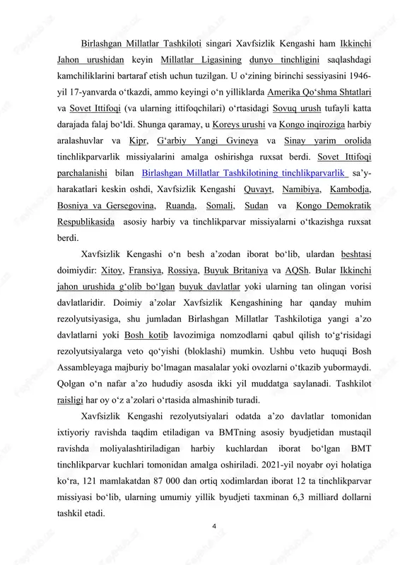 yoriy ravishda taqdim etiladigan va bmtning asosiy byudjetidan mustaqil ravishda moliyalashtiriladigan harbiy kuchlardan iborat boʻlgan bmt tinchlikparvar kuchlari tomonidan amalga oshiriladi. 2021-yil noyabr oyi holatiga koʻra, 121 mamlakatdan 87 000 dan ortiq xodimlardan iborat 12 ta tinchlikparvar missiyasi boʻlib, ularning umumiy yillik byudjeti taxminan 6,3 milliard dollarni tashkil etadi. 2.qohira deklaratsiyasi mazmuni. qohira deklaratsiyasining asosiy mazmuni quyidagilardan iborat: 1. germaniya va yaponiyaga qarshi kurash: ittifoqchi davlatlar, germaniya va yaponiyaning g‘alabasidan so‘ng ularni halokatga uchratish va ularning fuqarolik hududlarida yirik o‘zgarishlarni amalga oshirishga qasd qilishdi. bu davlatlar o‘zlarining kengayish siyosatlarini davom ettirishga imkon bermaslikka va ular tomonidan amalga oshirilgan nohaq harakatlarni barham to‘kishga qaror qildilar. 2. germaniya va yaponiyaning harbiy mustamlakalariga qarshi kurash: qohira deklaratsiyasida shu bilan birga, germaniya va yaponiyaning egallab olgan hududlarining mustaqilligi va suverenitetini tiklashga qaratilgan va’dalar berildi. 3. xitoyning qo‘llab-quvvatlanishi: shuningdek, xitoyning yaponiyaga qarshi kurashda yordami yuqori baholandi va xitoyga mustahkam siyosiy va iqtisodiy qo‘llab-quvvatlash va’dalari berildi. …