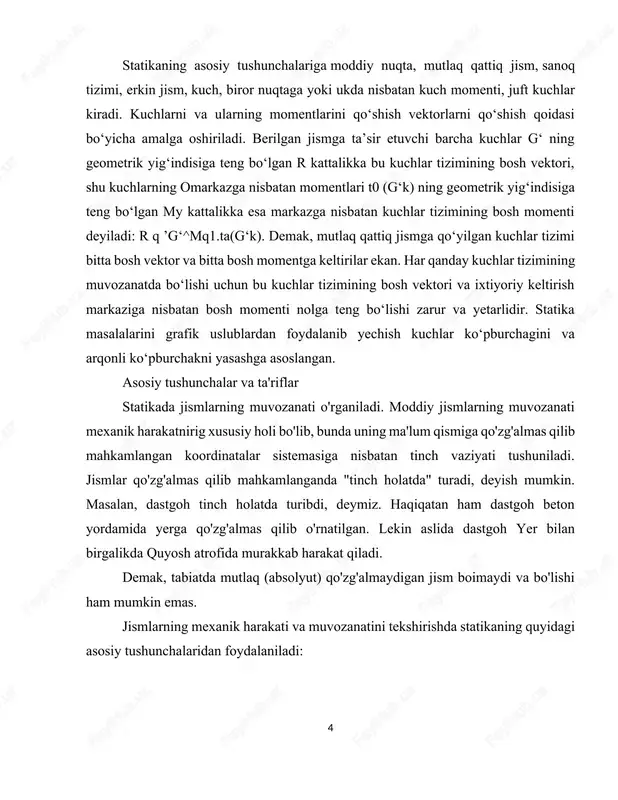 ylashgan deb tasavvur qilinadigan jism tushuniladi. 2. mutlaq qattiqjism deganda kuch ta'sirida istalgan nuqta-lari orasidagi masofa doimo o'zgarmasdan qoladigan qattiq jism tushuniladi. tabiatda mutlaq qattiq jism uchramaydi, har qanday jism ham ozmi-ko'pmi deformatsiyalanib shakli va oichamlarini o'zgartiradi. ko'pinchabu o'zgarishlar jismning o'lchamlariga nisbatan juda kichik bo'lganligi sababli, mexanik harakatni yoki muvozanatni o'rganishda ular e'tiborga olinmaydi. 3. jismlar o'zaro ta'sirining miqdor oichovi kuch deyiladi. kuchlar turli xil ko'rinishda namoyon bo'ladi: og'irlik 4. kuchi, inersiya kuchi, elektrlangan va magnitlangan jismlarning tortishish yoki itarishish kuchlari, ishqalanish kuchlari, bi-ror jismni bir joydan boshqa joyga ko'chirish, uni ko'tarish, tezligini o'zgartirish uchun zarur bo'lgan kuchlar va h. kuch yo'nalishi, moduli (son qiyraati) va qo’yilish nuqtasi bilan tavsiflanuvchi vektor kattalikdir (1.1-shakl). kuch yotgan kl to'g'ri chiziq kuchning ta'sir chizig'i deyiladi. xalqaro birliklar sistemasi (si)da kuch birligi qilib nyuton, qisqacha n qabul qilingan (1-ilova). 4. jismga qo'yilgan kuchlar to'plami kuchlar tizimi deyiladi. jismga qo'yilgan kuchlar tizimi ko'rsatadigan ta'sirni boshqa …