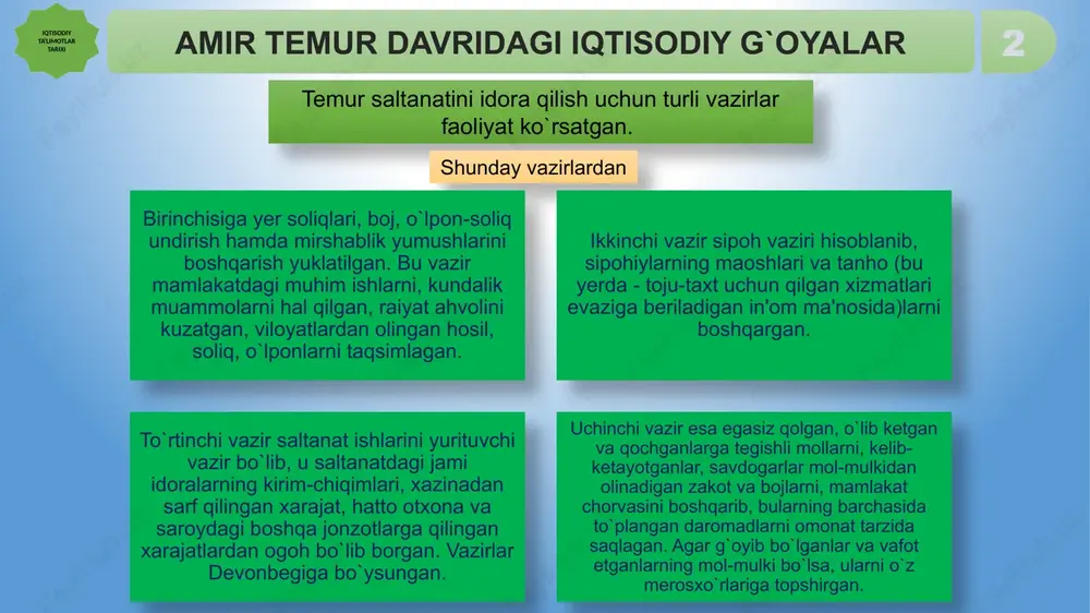 yu kichik har bir shahar, har bir qishloqda masjid, madrasa va xonaqohlar bino qilishni, faqiru miskinlarga langarxona (yo`lovchilar qo`nib o`tadigan, kambag`al yetim-yesirlarga ovqat beriladigan joy), g`aribxona qurishni, kasallar uchun shifoxona bunyod etishni va ularda ishlash uchun tabiblar tayinlashni buyurgan edi. amir temur angliya va farangiston qirollariga murojaat qilib, xalqaro savdo aloqalarini rivojlantirdi. markaziy osiyo orqali o`tadigan buyuk ipak yo`lida karvonlarning xavfsizligini ta'minladi. mashriqdan mag`ribgacha bo`lgan savdo-sotiq ishlarini kuchaytirib, turli ravotlar, karvonsaroylar, savdo rastalari qurdirdi. kimdakim biron sahroni obod qilsa yoki qoriz (er osti suvlarini tortib chiqarish uchun qurilgan inshoot) qursa, biron bog` ko`kartirsa yohud birorta xarob bo`lib yotgan joyni obod qilsa, birinchi yili undan hech narsa olmaganlar. ikkinchi yili raiyat o`z roziligi bilan berganini olgan. uchinchi yildagina soliq qonun-qoidasiga muvofiq xiroj yig`ilgan. amir temur davridagi iqtisodiy g`oyalar iqtisodiy ta'limotlar tarixi 5 sohibqiron 1365-1366 yilning qishida qarshi shahrining atrofini, 1370 yili samarqandni devor bilan o`rab, qo`rg`on bunyod ettirgan. 1380 yilda shahrisabzda …
