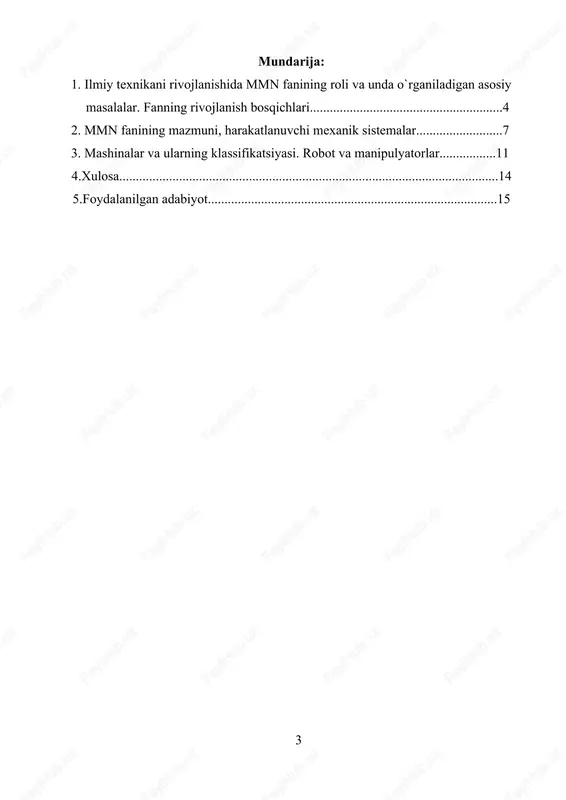 nizmlarni geometrik va kinematik parametrlarini nazarga olgan holda ularning kinematik xarakteristikalarini, uchinchi qismda mexanizm bug`inlariga ta`sir qiluvchi kuchlarni nazarga olib, mexanizmlarning harakati, ularni muvozanatlash, mexanizmlarning kinematik juftlaridagi ishqalanish va x.k. o`rganiladi. mmn fanida konkret mexanizm va mashinalar emas, balki ularning ideallashgan struktiv, kinematik va dinamik modellari o`rganiladi. mashinasozlikni o`sishi bilan mexanizmlar nazariyasining turli bo`limlari ham rivojlana boshladi. dastlab mexanizmlarni tahlil qilish usullari, so`ngra xix asr o`rtalariga kelib mexanizmlarni sintez qilish usullari rivojlandi. xx asr boshlarida mashinasozlikning rivojlanishi mexanizmlarning tuzilish nazariyasini ishlab chiqilishiga olib keldi. zamonaviy mashinasozlik fan oldiga dasturli boshqarish sistemalaridan iborat yuqori unumdor mashinalarni yaratish talablarini qo`ya boshladi. ayniqsa robotlar va manipulyatorlar nazariyasiga yuqori talablar qo`yilmoqda. zamonaviy mashinalar mexanikasida mexanizm bo`g`inlari qayishqoqligi, tebranishlarning mashina, inshoot va xizmat operatorlariga bo`ladigan ta`sirini nazarga olib, taxlil qilish tarqala boshladi. mmn fani asrlar davomida rivojlanib borib, xozirda zamonaviy fanlardan biriga aylandi. mmn fanini rivojlanishiga dunyoga mashxur olimlar: relo, l.vassur, p.l.chebishev, n.g.burmester, r.villis, l.eyler, …