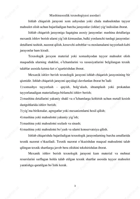 malning tugallangan qismi bo‘lib ishchining va (yoki) dastgohning xarakatlari yig‘indisidan iborat. yordamchi o‘tish natijasida detalningng shakli, o‘lchamlari va xususiyatlari o‘zgarmaydi. o‘tish o‘z navbatida ishchi va yordamchi yurishlardan iborat bo‘ladi. ishchi yurish texnologik o‘tishning tugallangan qismi bo‘lib kesuvchi asbobni, ishlov 5 berilayotgan yuzani doimiy saqlagan holda detaldan ma’lum qatlamni kesib olish bilan bog‘liq bo‘ladi yordamchi yurish texnologik o‘tishning tugallangan qismi bo‘lib kesuvchi asbobni ishlov berilayotgan detalga nisbatan metalni kesib olmagan holda bir marta siljishidan iborat. bu o‘tish kesish jarayonini takroran amalga oshirish uchun kesuvchi asbobni kerakli holga qaytarish uchun zarur bo‘ladi. mashinasozlikda ishlab chiqarish turlari. ishlab chiqarishni tashkil qilish shakllari. ishlab chiqarish dasturiga, mahsulotni turiga va ishlab chiqarish jarayonini amalga oshirish texnik-iqtisodiy shart-sharoitlariga qarab mashinasozlikda uch xil ishlab chiqarish turi mavjud: donali (yakka hollab); seriyali va yalpi. har bir ishlab chiqarish turining texnologik jarayonlari va ishlab chiqarishni tashkil qilishining shakllari o‘ziga xos xususiyatlariga ega. yuqoridagi tushunchalarni yanada yaqqol ifodalash maqsadida ishlab …