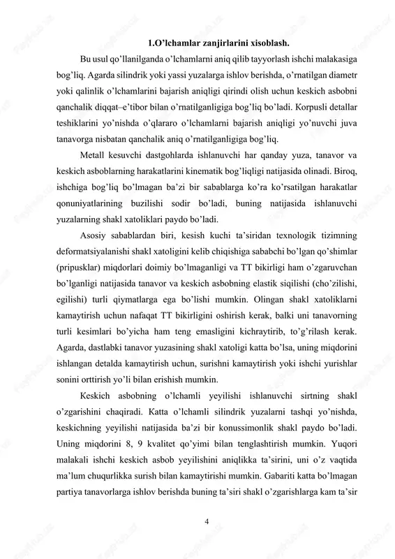 ning o’zaro joylashishi aniqligiga, keskich asbobni qirindi olishga o’rnatish xatoliklari va tanavorni dastgohga o’rnatishda tekshirish xatoligi ta’sir ko’rsatadi. agar, birinchi guruh omillarni yuza shakl xatoliklarini keltirib chiqaruvchi obektiv omillarga kiritsak, ikkinchi guruh omillarini subektiv omillar deb atashimiz mumkin, chunki ular to’laligicha ishchi malakasiga bog’liq. yakka va mayda seriyali ishlab chiqarishlarda tayyorlangan qator detallarning (gidrotrubina, statsionar ichki yonuv dvigatellari, yirik metall kesuvchi dastgohlar detallari va boshq.) tahlili shuni ko’rsatadiki, ya’ni yuzalar shakl xatoliklarini ko’p qismini (60% va undan ko’proq) o’lchamlarning qo’yimlari o’z ichiga oladi. shunga bog’liq holda bu ko’rinishdagi xatoliklarni qat’iy reglamentga solish zarur, ularni ta’sirini kamaytirish uchun ularni keltirib chiqaruvchi eng muhim omillarni har bir alohida holat uchun aniqlash kerak. 2.mexanik ishlov berish usullari mexanik energiyani (mexanikaviy yuklamani) ishlanuvchi materialga (tanavorga) ma’lum ko’rinishdagi asbob bilan tegishli yuklash sxemasida ta’sir etishi bilan tavsiflanadi. ishlov berish jarayoni tanavor materialini deformatsiyalanishi va buzilishi (bo’linishi yoki ajralishi) va uning qismi qirindi ko’rinishida (ko’proq yirik …