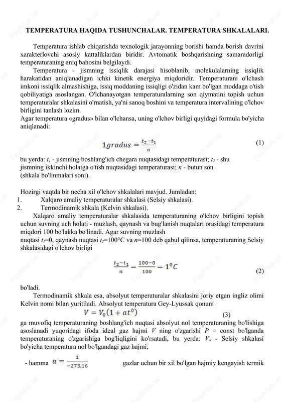 usuliga ko'ra barcha termometrlar ikki guruhga bo'linadi: kontaktli va kontaktsiz (bevosita muhit bilan kontaktda bo'ladigan va muhit bilan kontaktda bo'lmaydigan.) birinchi guruhga kengayish termometrlari, manometrik termometrlar, termoelektrik termometrlar va qarshilik termometrlari (termistorlar) kiradi. ikkinchi guruhga esa turli turdagi perometrlar kiradi. kengayish termometrlari. kengayish termometrlari temperaturani o'lchash vositalari hisoblanib, ularning ishlash usuli moddalarning hajmiy va chiziqli kengayishi, termometr tushirilgan muhit temperaturasining o'zgarishiga asoslangan. kengayish termometrlari ikki turga bo'linadi: 1. suyuqlikli. 2. mexanik. suyuqlikli kengayish termometrlari suyuqlikli kengayish termometrlari yordamida temperaturani o'lchash termometrga joylashtirilgan suyuqlikning issiqlik ta'sirida turlicha kengayish koeffitsiyentiga asoslangan. termometrning suyuqlik to'ldirilgan qismi issiqlikdan kengayish koeffitsiyenti kichik bo'lgan maxsus shisha sirtlaridan tayyorlanadi. suyuqlikli kengayish termometrlarining temperaturani o'lchash chegarasi-2000c dan +750°c gacha. suyuqlikli termometrlarda o'lchash chegarasiga qarab, termometrik modda sifatida quyidagi suyuqliklar qo'llaniladi: pentan (-200... +200c), petroleyli efir (-120...+250c), etil spirti (-80...+70°c), toluol (-90...+200°c), kerosin (-60...+300°c) va simob (-35...+750°c). temperaturasi o'lchanayotgan muhit bilan kontaktda bo'lgan termometr uning temperaturasini qabul qilgan bir …