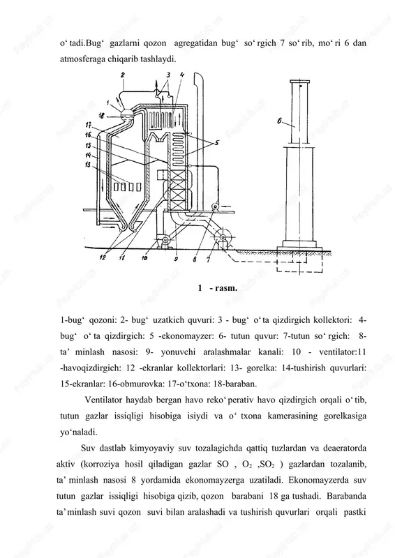 yasi materiallari bilan єoplanadi. qozon qurilmasida qattiq yoqilg‘i yoqilganda bug‘-so‘rgich oldiga tutun gazlarni kul changlaridan tozalaydigan kul ajratgich va go​relka oldiga yoqilg‘i tayyorlaydigan sistema o‘rnatiladi. 2. qozon agregatining issiqlik balansi qozon qurilmasining issiqlik balansi agregatga issiqlik ke​lishi va sarflanishi orasidagi tenglikni ifodalaydi. issiqlik ba​lansi asosida yoqilg‘i sarfi aniqlanadi va foydali ish koeffitsien​ti hisoblanadi. qozon agregatida yoqilg‘ining kimyoviy energiyasi yonish natijasida, yonish mahsulotlarining fizikaviy issiqligiga aylanadi. bu issiqlik suvni qizdirish yoki bug‘ ishlab chiqarish va o‘ta qizdirish uchun sarf bo‘ladi. issiqlik uzatish va yonish protsess​lari davomida ma’lum issiqlik yo‘qotiladi va hosil bo‘layotgan mahsulot suv yoki qizigan bug‘ issiqlikning bir qismini o‘ziga oladi. qozon agregatining issiqlik balansini tuzish agregatga kirayotgan issiqlik bilan foydalanilayotgan va sarf bo‘layotgan issiqliklar orasidagi tenglikni ifodalashdan iborat bo‘ladi. issiqlik balansi 1 kg qattiq yoki suyuq yoki 1 m3 gaz yoqilg‘isi uchun tuziladi. agregatning issiqlik holati muvozanatlashganda issiqlik ba​lansi tenglamasi quyidagi ko‘rinishda yoziladi: yoki (1) bu yerda: q1 -bug‘ …