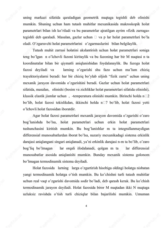 aniqlangani singari aniqlanadi, ya’ni erkinlik darajasi n-m ta bo’lib, o’zaro bog’liq bo’lmagan lar orqali ifodalanadi, qolgan m ta lar differensial munosabatlar asosida aniqlanishi mumkin. bunday mexanik sistema golonom bo’lmagan termodinamik sistema deyiladi. holat fazosida larning larga o’zgartirish hisobiga oldingi holatga nisbatan yangi termodinamik holatga o’tish mumkin. bu ko’chishni turli tutash muhitlar uchun real vaqt o’zgarishi davomida sodir bo’ladi, deb qarash kerak. bu ko’chish termodinamik jarayon deyiladi. holat fazosida biror m nuqtadan ikki n nuqtaga uzluksiz ravishda o’tish turli chiziqlar bilan bajarilishi mumkin. umuman aytganda, ko’chish jarayonida ayrim holat parametrlari o’zgarmas sondan iborat bo’lgan tarzda sodir bo’lishi ham mumkin. termodinamik jarayonlarda lar uzilishga ega bo’lgan holda ham sodir bo’lishi mumkin. agar uzluksiz termodinamik jarayonda mexanik sistema o’z holatidan boshqa holatlarga lar o’zgarishi (ayrim lar o’zgarmasdan iborat bo’lib qolishi ham mumkin) tufayli uzluksiz chiziq chizib o’z holatiga qaytib kelsa, bunday yopiq chiziq sikl deyiladi. tutash muhit holat parametrlari o’zgarishi tabiiy holda o’z-o’zidan …