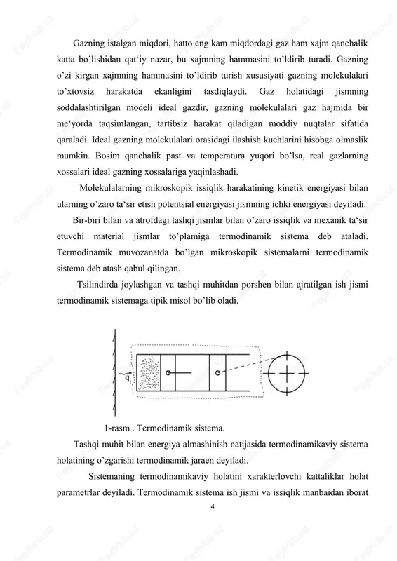 ur. ichki yonuv dvigatellarida gaz, bug’ turbinalarida esa suv bug’i ish jismi hisoblanadi. isitgich vazifasini yonilgining yonish mahsulotlari, sovitgich vazifasini esa ishlab bo’lgan gaz chiqarib tashlanadigan atmosfera yoki ishlatilgan suv bug’ini qabul qiluvchi kondensator o’taydi. sistemaning termodinamik holatini xarakterlovchi eng muhim parametrlar solishtirma hajm v, bosim p va temperatura t dir. agar sistemaning termodinamikaviy holati o’zgartirilsa, ya‘ni issiqlik keltirilsa yoki olib ketilsa, gazni siqilsa yoki unga kengayish uchun imkon berilsa, u holda ko’rib chiqilayotgan sistemaning ba‘zi yoki barcha parametrlari o’z kattaligini o’zgartiradi. bosim - ish jismning xaotik harakatda bo’lgan mikrozarrachalarini idish devoriga urilishi natijasidir. molekulyar kinetik nazariya asosida gaz bosimi quyidagicha aniqlanadi (1) bu yerda p - bir birlik hajmga to’g’ri keluvchi molekulalar soni; m - molekulaning massasi; w2 - molekulaning ilgarilanma harakatining o’rtacha kvadratik tezligi ikkinchi tomondan bosim devoriga normal ta‘sir etadigan kuchning uning yuzasiga nisbati xarakterlanadigan kattalikdir (2) bosim paskallarda o’lchanadi 1 pa = 1 n/m2 termodinamikada doimo …