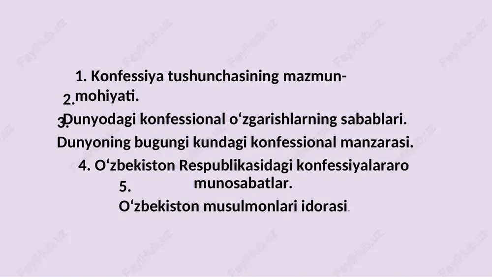 hirilganinkvizitsiya vasalbyurishlarixatobo‘lganinitanolib,rasmankechirimhamso‘radi. 1992-yildapapaioannpaveliio‘zpaytidagalileogalileyninghaqbo‘lganini tanolib,barchadanuzrso‘raganihambungamisolbo‘laoladi. ma’lumotuchun birlashganmillatlartashkilotima’lumotlarigako‘ra,islomningyilliko‘sish sur’ati6,4foiznitashkiletib,1989-yildan2011-yilgaqadarmusulmon aholisisonishimoliyamerikada–25,afrikada–2,15,osiyoda–12,57, yevropada–142,35,avstraliyavaokeaniyada–257,01foizgako‘paygan. faqatlotinamerikasidaislomgae’tiqodqiluvchilarulushi4,73foizga kamaygan o‘zbekiston respublikasidagi konfessiyalararo munosabatlar o‘zbekistonrespublikasida2017-yil dekabr holatigako‘ra16 konfessiyafaoliyatko‘rsatmoqda. •ularquyidagilardir: •–islom(o‘zbekistonmusulmonlariidorasi); •–pravoslavlik(toshkent vamarkaziyosiyoyeparxiyasi); •–katoliklik(rim-katolikcherkovi); •–lyuteranlik(nemis-lyuterancherkovi); •–arman-apostolcherkovi; •–pyatidesyatniklar(to‘liqinjilxristianlari); •–baptistlar(yevangel-xristianbaptistlarcherkovi); •–novoapostolcherkovi; •–yettinchikunadventistlari; •«golosbojiy»; iegovoshohidlari; •–koreysprotestant cherkovlari; •–yahudiylik; •–bahoiylik; •–krishnanianglashjamiyati; •–buddaviylik. •-«o‘zbekistonbibliyakitobjamiyati» esadiniytashkilot hisoblanib, boshqakonfessiyalardanalohidafaoliyat olibborsa-da, diniykonfessiyamaqomigaegaemas. foydalanilgan adabiyotlar 1. “vijdon erkinligi va diniy tashkilotlar to‘grisida” gi o‘zbekiston respublikasining qonuni (yangi taxrir). adolat. 1998 yil. 224-234 b.b. 2. vasilev.l.s. istoriya religiy vostoka. m., 1996 g. 3. volkov.s.v. rannyaya istoriya buddizm v koree. m., 1985 g. 4. jo‘raev.u. saidjonov.y. “dunyo dinlari tarixi” t. 1998 yil. 5. zakon bojiy. volgograd.1987 g. image1.png image2.png image3.png image4.png image5.png image6.png image7.png image8.png image9.png image10.png