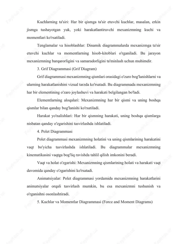 qismlari: har bir mexanizm elementi diagrammada belgilangan. bog'lanishlar va mexanizmning tuzilishi: mexanizmning tuzilishi va qismlari orasidagi o'zaro bog'lanishlar va ularning qanday ishlashini tushunishga yordam beradi. diagrammalarni ishlatishning afzalliklari: vizualizatsiya: mexanizmning harakati, kuchlar va momentlarni ko'rsatish uchun diagrammalarni ishlatish jarayonni aniqroq va tushunarliroq qiladi. hisoblashlarni yengillashtiradi: mexanizm tahlilini soddalashtirish, hisoblashlarni qisqartirish va aniqroq natijalarga erishish imkonini beradi. muammolarni aniqlash: diagrammalar yordamida mexanizmning ishlashidagi kamchiliklarni va potentsial muammolarni tezda aniqlash mumkin. ushbu usul mexanizmni tahlil qilishda samarali bo'lib, ko'plab muhandislik sohalarida, ayniqsa mashinasozlik va qurilishda keng qo'llaniladi. kinematik tahlilning grafo-analitik usuli (rejalar usuli). analitik usul va diagrammalar usuli bilan solishtirganda soddaroq bo'lgan bu usul mexanizmning pozitsiyalari (6 ... 12) rejalarini to'g'ridan-to'g'ri geometrik qurishga asoslangan. grafik bilan solishtirganda ushbu usulning afzalligi shundaki, u kamroq vaqt talab etadi, chunki u bitta tezlik rejasida yoki mexanizmning bir qator nuqtalari uchun tezlanish rejasida tezlik va tezlanishlarni (ularning kattaligi va yo'nalishini) aniqlashga imkon beradi. usulning kamchiligi shundaki, …