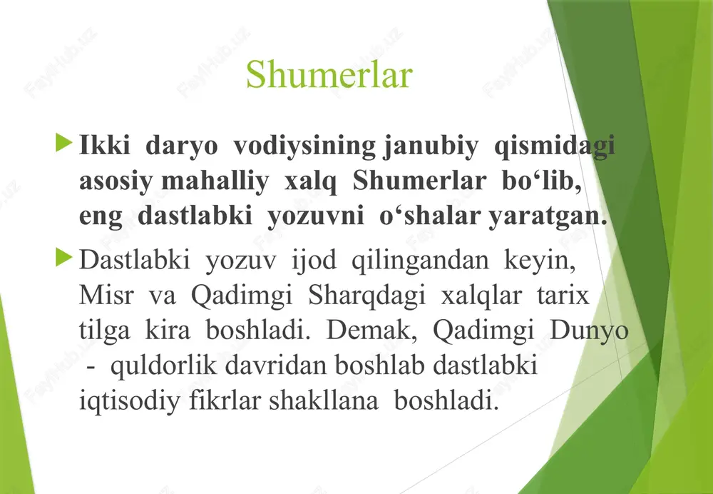 erishishi zikr etilgan. qonunda sudxo‘rlarga qonunda sudxo‘rlar zo‘ravonligiga qarshi qaratilgan moddalar ham mavjud. hosil kam bo‘lgan paytlarda qarzlarni to‘lash muddatini bir yilga cho‘zishga ruxsat berilgan (qo‘shimcha foiz to'lovisiz). xammurapi qonunlarida sudxo‘rlar o‘z holicha, qarzdorlarning ruxsatisiz qarz evaziga ularning hosilini tortib olishi man etilgan. sudxo‘rlikning keng rivojlanishiga to‘sqinlik sudxo‘rlikning keng rivojlanishiga to‘sqinlik qiluvchi asosiy omillardan biri qarzdorlik uchun qullik muhlatining uch yil bilan cheklanishidir (to‘rtinchi yili unga erkinlik berilishi lozim bo‘lgan). biroq sudxo‘rlikka qarshi qonunchilikda izchillik bo‘lmagan. xususan, qarzdorni ozod etishda uni ishlab chiqarish yoki yashash vositalari bilan ta’minlash nazarda tutilmagan. shunday qilib, eski bobil podsholigi qonunlarida davlat tartiblashining va aholi iqtisodiy faoliyatini nazorat qilishning turli shakllari ko‘zda tutilgan. ular real iqtisodiy jarayonlarga, tovar-pul munosabatlarining rivojlanishiga, fuqarolar mulkini himoya qilishga o‘zining ijobiy ta‘sirini korsatdi. qadimgi sharqdagi iqtisodiy fikrlar qadimgi misr afrikaning shimoliy-sharqida, nil daryosining quyi oqimida joylashgan qadimiy davlat. miloddan avvalgi 10-6 ming yillikda nil atrofidagi savannalarda tarqoq yashagan qabilalar terimchilik, …