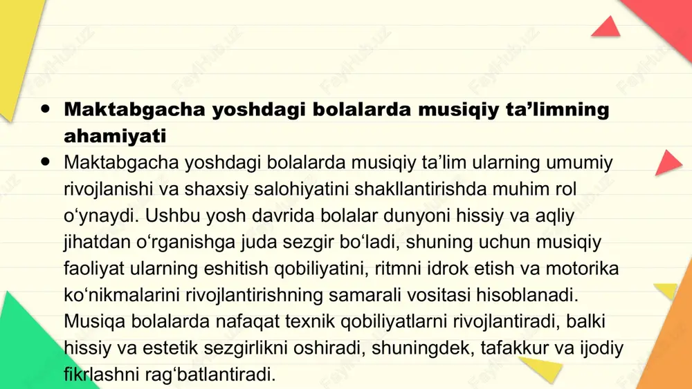 bolalarning eshitish qobiliyatini rivojlantirish, ritm va tonal idrok etish, musiqiy tafakkur va ijodiy salohiyatni shakllantirishga xizmat qiladi. metodik yondashuv bolalarning yosh xususiyatlarini hisobga olgan holda bosqichma-bosqich tashkil etiladi va turli usullarni birlashtiradi. image1.jpeg image2.jpeg