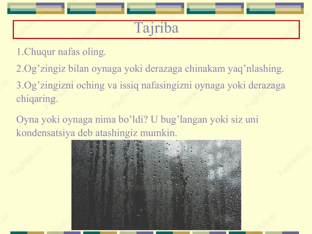 . * 5e. baholash (evaluation) har bir o’quvchiga faoliyat varag’ini bering. faoliyat varag’i har bir 5-e dars rejasining “bahalosh” komponenti bo’lib xizmat qiladi. masalan 1.nima deb o’ylaysiz,nima uchun havo ko’proq ta’sir qiladigan kosaning tashqi tomonida suv bor? ko’proq havoga ta’sir qilgan idishda ko’proq suv bor,chunki havoda suv bug’i mavjud.suv bug’i sovuq oynaga tegsa,usuyuq suvga aylanadi.