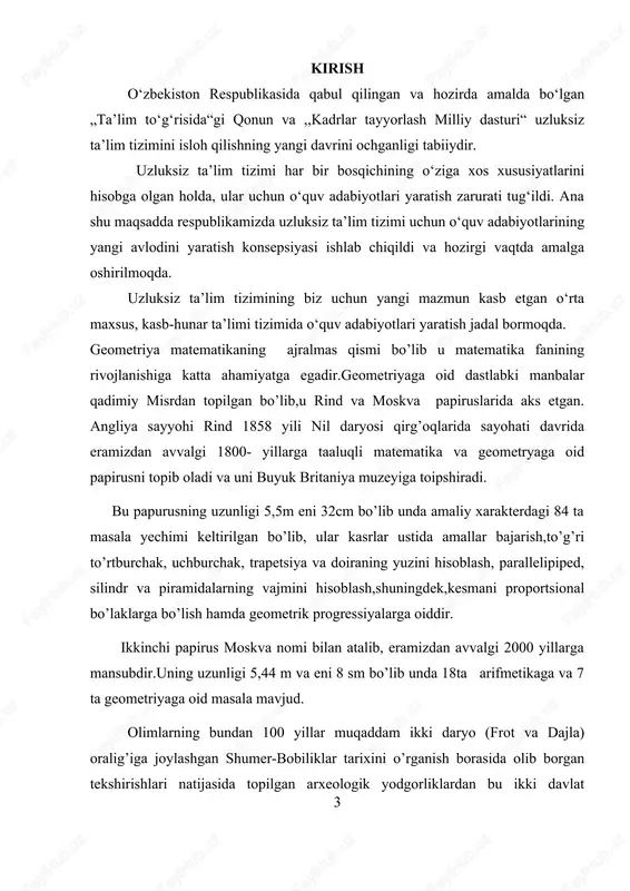 belgilash mumkin. geometrik shakllar xossalarini to'g'riligini belgilovchi mulohazalar isbotlash deyiladi. geometrik shakl xossasining to'g'riligini isbotlab ko'rsatiladigan gap teorema deyiladi. shakllarning xossasini isbotsiz qabul qilinadigan gapga aksioma deyiladi. atrofimizdagi dunyoda turli shakl va o'lchamdagi ko'plab moddiy ob'ektlar mavjud: turar-joy binolari, mashina qismlari, kitoblar, zargarlik buyumlari, o'yinchoqlar va boshqalar. geometriyada ob'ekt so'zi o'rniga geometrik figurani aytadilar. geometrik shakl(yoki qisqa: raqam) haqiqiy ob'ektning aqliy tasviri bo'lib, unda faqat shakli va o'lchamlari saqlanadi va faqat ular hisobga olinadi. geometrik shakllar quyidagilarga bo'linadi tekis va fazoviy. planimetriyada faqat tekis figuralar hisobga olinadi. tekislik geometrik figurasi barcha nuqtalari bir tekislikda joylashgan figuradir. bunday raqamning g'oyasi qog'oz varag'ida qilingan har qanday chizma orqali beriladi. geometrik shakllar juda xilma-xildir, masalan, uchburchak, kvadrat, doira va boshqalar: har qanday geometrik shaklning bir qismi (nuqtadan tashqari) ham geometrik figuradir. bir nechta geometrik shakllarning birlashishi ham geometrik shakl bo'ladi. quyidagi rasmda chap rasm kvadrat va to'rtta uchburchakdan, o'ngdagi rasm esa aylana va …