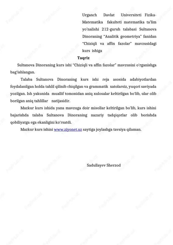 ncha susaydi. ana shuni hisobga olib, tekis shakllarni yasashga doir masalalarni alohida bobda qarab chiqishni ma’qul topdik. shuningdek, mazkur kitob „vektorlar“ va „shakllarni almashtirish“ kabi boblarni ham o‘z ichiga oldi. demak, kitobda akademik litseylar uchun ,,tekislikdagi geometriya“ dasturi bo‘yicha barcha mavzular iqtidorli yoshlar bilan ishlashga mo‘ljallangan ma’lumotlar bilan to‘ldirilgan holda yoritildi. bundan tashqari, har bir bobda, imkoni boricha bizning ulug‘ ajdodlarimiz abu rayhon beruniy, ibn sino, al-xorazmiy va boshqalarning geometriyaga oid ishlari bilan bog‘liq tarixiy ma’lumotlar hamda mustaqil yechish uchun qiyinlik darajasi har xil bo‘lgan masalalar keltirildi. geometriya fani mavzularini bayon qilishdagi harakatlarimiz mutaxassislar va keng kitobxonlar ommasini qiziqtiradi, deb umid bildiramiz hamda kitob mazmuni, bayon usuli bo‘yicha barcha fikr va takliflarni mamnuniyat bilan qabul qilamiz. 2.1 chiziqli fazolar birorta bo‘sh bo'lmagan to'plam berilgan bo'lsin. biz to'plamning elementlari nimadan iborat ekanligi haqida ma’lumot bermagan holda, unda quyidagi ikkita amal kiritilgan bo'lishini talab qilamiz. birinchi amal: bu to'plamga tegishli har qanday …