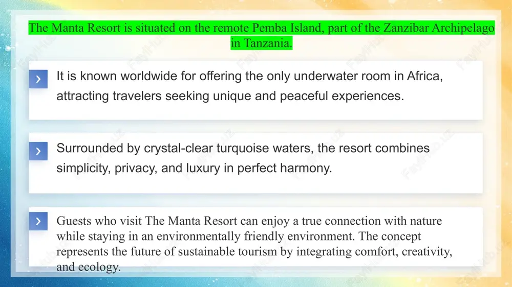 mains untouched for future generations. waste materials are carefully managed and recycled to protect marine ecosystems. through this project, the manta resort proves that luxury and sustainability can coexist in perfect balance. 01 02 guests often describe their stay as magical, peaceful, and life-changing. the resort’s commitment to comfort, innovation, and environmental protection has earned it several eco-tourism awards. today, it stands as a symbol of creativity and responsible tourism in africa, attracting visitors from every corner of the world. since its opening, the manta resort’s underwater room has gained worldwide recognition. it has been featured in major international media such as national geographic, cnn travel, and forbes as one of the most unusual hotels in the world. image1.jpeg image2.png image3.png image4.png image5.png image6.png image7.png /docprops/thumbnail.jpeg