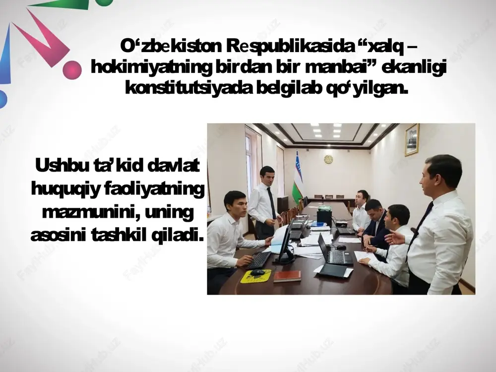 kimiyati tizimini yanada demokratlashtirish uchun muhim huquqiy asos bo'ldi. asosiy qonunning 98-moddasiga islohotlarning oldingi bosqichida kiritilgan o'zgartishlar hokimiyat sub'ektlari o'rtasida vakolatlarni munosib taqsimlanishiga erishishda muhim rol o'ynadi. 2019-yil boshida, o'zbekistonda davlat boshqaruvi samaradorligini oshirish maqsadida birlashgan arab amirligi bilan qo'shma dasturi tashabbusi bo'yicha say harakatlar boshlandi. vazirliklar, idoralar, iqtisodiy organlar va ta'lim muassasalari vakillaridan iborat o'zbekiston delegatsiyasi birlashgan arab amirliklariga "davlat boshqaruvi samaradorligini oshirish" hukumatlararo dasturi ishchi guruhining ikkinchi yig'ilishida ishtirok etish uchun tashrif buyurdi. hozirgi globallashuv davrda, davlat boshqaruv tizimini samaradorligini oshirish uchun davlat xizmatlari ko'rsatish tizimi katta ahamiyatga ega. asosan davlat xizmatlari ko'rsatish masalasi yetakchi masalalardan biri bo'lib, bu tizimning maqsadi aholi manfaatlariga xizmat qilishdir. "xalq davlat idoralariga emas, davlat idoralari xalqimizga xizmat qilishi kerak" degan g'oya va uning ro'yobi xalqimizga juda ma'qul keldi. fuqarolar huquq va erkinliklarini ta'minlashning ta'sirchan mexanizmlarini yaratish, ularning ijro etuvchi hokimiyat organlari faoliyatidan qanoatlanish darajasini yanada oshirishda "elektron hukumat" tizimi muhim o'rin tutmoqda. …