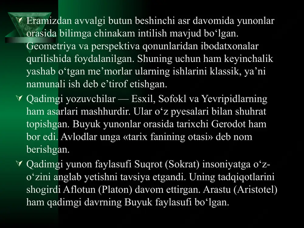 hish mumkin emas, chunki suv har daqiqada yangilanib turadi». olamda turg`unlik yo`q. harakat butun tabiatga, barcha jism va hodisalarga xosdir. abadiy harakat — abadiy o`zgarishdir. harakat qarama-qarshilik asosida sodir bo`ladi. «kurash hamma narsaning otasi, hamma narsaning podshosidir», degan ekan geraklit. bundan geraklit kishilar o`rtasida urushlarni targ’ib qilgan ekan-da, deya xulosa chiqarish noto`g`ri. geraklitning fikricha, doimiy o`zgarish, harakat va o`zaro qarama-qarshi tomonlarga o`tish —jismlar sifatining nisbiyligi bilan bog`liq. masalan, dengiz suvi inson iste’moli uchun yaroqsiz bo`lsa, baliqlar uchun ayni muddaodir. geraklitning qarashlari falsafiy tafakkur rivojiga katta ta'sir ko`rsatgan, pifagor (eramizdan avvalgi 580-500 yillar) yunonistonning samos orolida yashab o`tgan. u qadimgi yunonistonda diniy-mafkuraviy falsaily maktab, ya'ni pifagorchilikka asos solgan. pifagor o`zining siyosiy qarashlari tufayli podsho polikret bilan chiqisha olmagan va samosni tark etib, janubiy italiyaga ko`chib kelgan, o`sha yerlarda o`z uyushmasini tashkil etgan. uningcha, dunyoni bilish jarayoni, avvalo, raqamlarni bilishdan boshlanishi kerak. pifagorchilarning ta’limotiga ko`ra, olamning asosida modda bam, tabiat ham emas, …