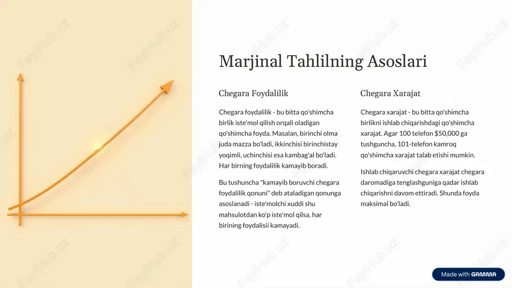oladi. https://gamma.app/?utm_source=made-with-gamma elastiklik tahlili: narx o'zgarishlariga javob marshall narx elastikligini - narxning qancha o'zgarishiga javoban talab miqdori qancha o'zgarishini o'lchash tushunchasini ilgari surtdi. bu iqtisodiy tahlilning eng muhim turlaindan biridir. 1 yuqori elastik talab narx ozgarganda talab juda ko'p o'zgaradi. masalan, telefon modeli - agar narx oshsa, boshqa brend tanlaymiz. 2 zaif elastik talab narx o'zgarsa ham talab ko'p o'zgarmayd. masalan, dorilar - agar narx oshsa ham, uni sotib olishimiz kerak. 3 mutlaq elastik talab eng kichik narx o'zgarish ham talab nolga tushiradi. nazariy holatdir. elastiklik tushunchasi sotuvchilar va davlat siyosatchilari uchun qaror qabul qilishda juda muhimdir. https://gamma.app/?utm_source=made-with-gamma marshallning vaqt davrlari tahlili marshall iqtisodiy ta'sirlarni vaqt davrlariga bo'lib o'rganishni taklif qildi. qisqa va uzoq muddatlarda iqtisodiy mexanizmlar turlicha ishlaydi. oniy davr (instant) vaqt juda qisqa bo'lib, hech narsa o'zgarita olmaydi. narx talab bilan taklif ko'rsatilgan holatida o'rnatiladi. qisqa muddatli davr fabrika oshirib chiqishi mumkin, lekin yangi fabrika qurishga vaqt yetmaydi. …