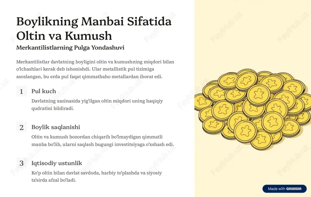davlatlar qaytimli chora ko'radi har tarafli savdo urushi boshlashishi mumkin https://gamma.app/?utm_source=made-with-gamma merkantilizmga tanqidlar: adam smit va erkin bozor g'oyalari xviii asrning ikkinchi yarmida adam smit va boshqa iqtisodchilar merkantilizmning asosiy xususulatlariga qat'iy tanqidlar keltirishdi. ular erkin bozor va raqobaning iqtisodiyotni yanada samarali boshqara oladighini ko'rsatdilar. erkin bozor g'oyasi smit aytdiki, davlat aralashuvi yo'q bo'lsa, "ko'rinmas qo'li" orqali bozor o'zini-o'zi muvozanatlashadi. ixtisoslashish va bo'linish qo'l bo'lishi istehsol maqsadida bo'linsa, iqtisodiyot ko'proq mahsulot yaratadi. davlatning roli davlat faqat o� qonun, havfsizlik va muqaddas huquqlarni himoya qilishi kerak. https://gamma.app/?utm_source=made-with-gamma bugungi kunda merkantilistik unsurlar merkantilistik siyosatlarning ba'zi elementlari xxi asrda ham mavjud. proteksionizm, tariff chegaralar va milliy iqtisodiyotni himoya qilish orqali davlatlar o'z xalqning ishlashi va sanoat sohasini saqlashga harakat qiladi. 01 tariff va import chegaralar ko'p davlatlar chet el tovarlariga yuqori vergi qo'yib, mahalliy ishlab chiqarishni himoya qiladi. 02 subsidiya va hizmatlar davlatlar qimmatli sanoat sohasiga subsidiya berish orqali global raqobada mustahkamlashadi. 03 …