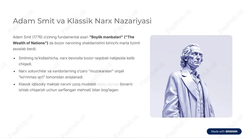 larni yaratadi. ma9lumotlar tahlili (big data) onlayn savdo platformalarida to8plangan ulkan ma¾lumotlar iste¾molchi xatti-harakatlarini oldindan aytish va narxlarni optimallashtirish imkonini beradi. tez moslashish narxlar ancha tez o8zgarib, iste¾molchi xatti-harakatlari va raqobat sharoitlariga dinamik ravishda moslashmoqda, bu esa bozor mexanizmini yanada murakkablashtirdi. https://gamma.app/?utm_source=made-with-gamma xulosa: narx nazariyasining kelajagi asosiy ustun bozor mexanizmi iqtisodiy samaradorlik va resurs taqsimotining barqaror asosidir. nazariy asos tarixiy nazariyalar va zamonaviy tadqiqotlar narx shakllanishini chuqurroq tushunishga yordam beradi. yangi bosqich raqamli texnologiyalar narx nazariyasini inqilobiy tarzda o'zgartirib, uni yangi bosqichga olib chiqmoqda. biz bozor mexanizmining murakkabligini va uning jamiyatdagi hal qiluvchi o8rnini doimiy ravishda o8rganishimiz zarur. https://gamma.app/?utm_source=made-with-gamma