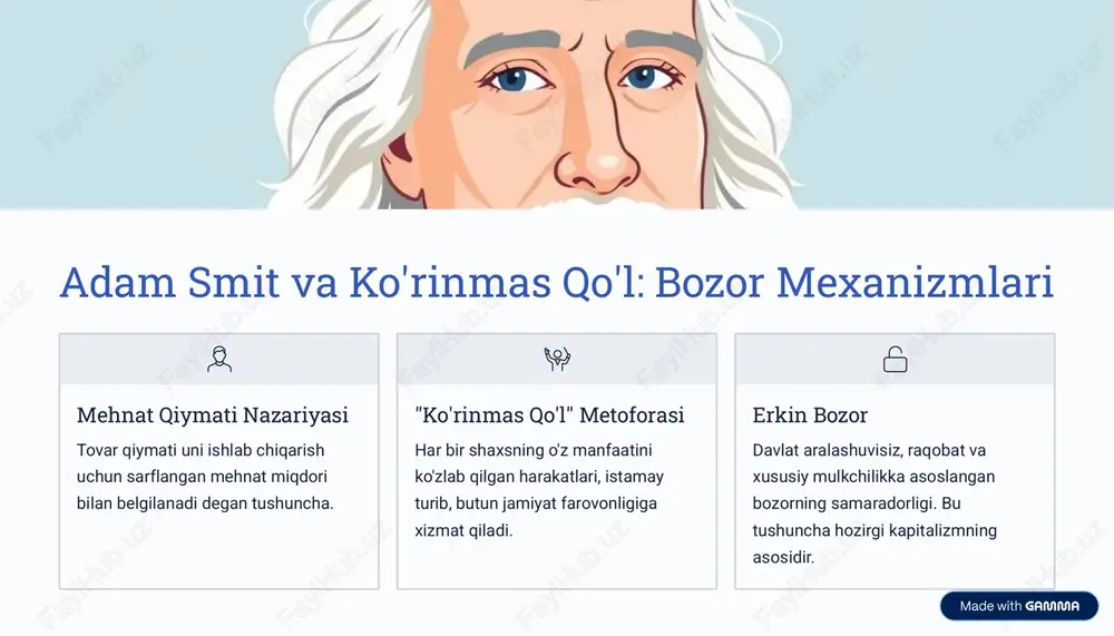 kalit hisoblanadi. https://gamma.app/?utm_source=made-with-gamma klassik g'oyalarning bugungi kundagi muammolarga qo'llanilishi ba'zi yangi muammolar klassik yondashuvni qayta ko'rib chiqishni talab qilsa-da, ularning asosiy falsafasi dolzarbdir. barqaror rivojlanish va ekologiya maltusning resurs cheklovlari haqidagi g'oyalari bugungi kunda iqlim o'zgarishi va ekologik barqarorlik bo'yicha muhokamalarda aks etadi. tengsizlik va adolat jon styuart millning ijtimoiy adolatga urg'u berishi zamonaviy daromadlar tengsizligi, ta'lim va sog'liqni saqlash masalalarida davlatning tartibga solish rolini muhokama qilishga yordam beradi. raqamli iqtisodiyot va innavatsiya smitning raqobat va ixtisoslashuv tamoyillari raqamli bozorlar va texnologik inqilob sharoitida ham samaradorlikni oshirish uchun asos bo'lib xizmat qiladi. https://gamma.app/?utm_source=made-with-gamma tanqid va bahslar: klassik maktabning cheklovlari klassik keynesian & zamonaviy davlat aralashuvi talabni rag'batlantirish o'z-o'zini tartibga solish ta'minotga e'tibor klassik maktab ko'plab fundamental tushunchalarni taqdim etgan bo'lsa-da, u zamonaviy murakkabliklar oldida cheklovlarga ham ega: rielistik emas: ko'pincha ratsional iqtisodiy agentlar g'oyasiga tayanadi, ammo xulq-atvor iqtisodiyoti (behavioral economics) bu taxminni rad etadi. inqirozlar va ishsizlik: klassik nazariya bozorlar …