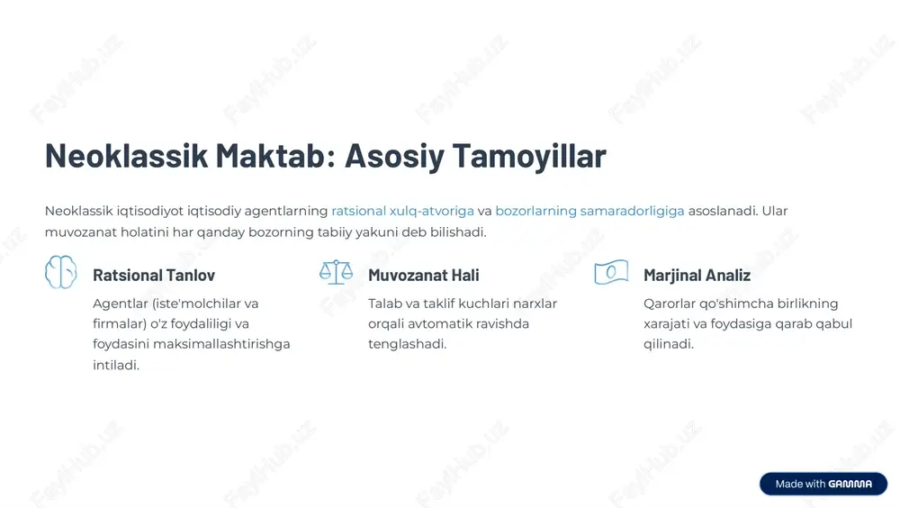 yuqori darajadagi samaradorlikni ta'minlashini ta'kidlaydi. bu farovonlik nazariyasi bilan chambarchas bog'liq. pareto samaradorligi muvozanat nuqtasida, biror kishining ahvolini yomonlashtirmasdan, boshqa biror kishining ahvolini yaxshilashning imkoni bo'lmaydi. bu resurslarning optimal taqsimotini anglatadi. iste'molchi profitsiti iste'molchilar aslida to'lashga tayyor bo'lgan narx va ular to'laydigan narx o'rtasidagi farovonlik. ishlab chiqaruvchi profitsiti ishlab chiqaruvchilar qabul qilishga tayyor bo'lgan narx va ular oladigan narx o'rtasidagi farovonlik. https://gamma.app/?utm_source=made-with-gamma tanqidlar va cheklovlar neoklassik modellar kuchli tushuntirish qudratiga ega bo'lsa-da, ular ba'zi realist bo'lmagan farazlari tufayli doimiy tanqidlarga uchraydi. ratsional cheklovlar xulq-atvor iqtisodiyoti agentlarning cheklangan ratsionalligini (kognitiv xatolar) ta'kidlaydi. nomukammal ma'lumot asimmetrik ma'lumot (masalan, sug'urta bozorida) muvozanatning samaradorligiga putur yetkazadi. bozor kamchiliklari monopoliya, tashqi ta'sirlar va davlat tovarlari mavjudligi muvozanatning pareto samaradorligini buzadi. keynschilar neoklassik muvozanat "to'liq bandlikda" emas, balki "ishsizlikda" ham paydo bo'lishi mumkinligini ta'kidlab, umumiy muvozanat nazariyasiga jiddiy e'tiroz bildirishgan. https://gamma.app/?utm_source=made-with-gamma xulosa va zamonaviy dolzarblik neoklassik nazariyalar bozor muvozanatini tushunish uchun asosiy baza bo'lib qolmoqda, biroq …