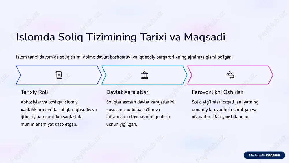 isolida soliq siyosati va zakotning roli soliq siyosati islohotlari o8zbekiston respublikasi so8nggi yillarda soliq tizimini takomillashtirishga qaratilgan keng ko8lamli islohotlarni amalga oshirmoqda. shaffoflikni oshirish va soliq yukini optimallashtirish. adolatli soliqqa tortish tamoyillariga e9tibor qaratish. zakotning ijtimoiy roli zakot xayriya va ijtimoiy yordam orqali kambag8allikni kamaytirishda diniy va ijtimoiy vosita sifatida faol qo8llanilmoqda, bu esa ijtimoiy birdamlikni mustahkamlaydi. https://gamma.app/?utm_source=made-with-gamma iqtisodiy barqarorlik kaliti soliqlar va zakotning uyg8unlashuvi mustahkam va adolatli jamiyat qurishda hal qiluvchi ahamiyatga ega. jamiyat farovonligi moliya majburiyatlari va diniy xayriya umumiy farovonlikni oshirishga xizmat qiladi. ijtimoiy adolat boylikning adolatli taqsimlanishini ta9minlash orqali barqarorlik yaratiladi. taraqqiyotni qo8llab- quvvatlash bu tizimlarni chuqur tushunish va qo8llash musulmon mamlakatlarining rivojlanishini ta9minlaydi. biz hammamiz bu tizimlarni chuqur tushunib, qo8llab-quvvatlashimiz zarur. https://gamma.app/?utm_source=made-with-gamma