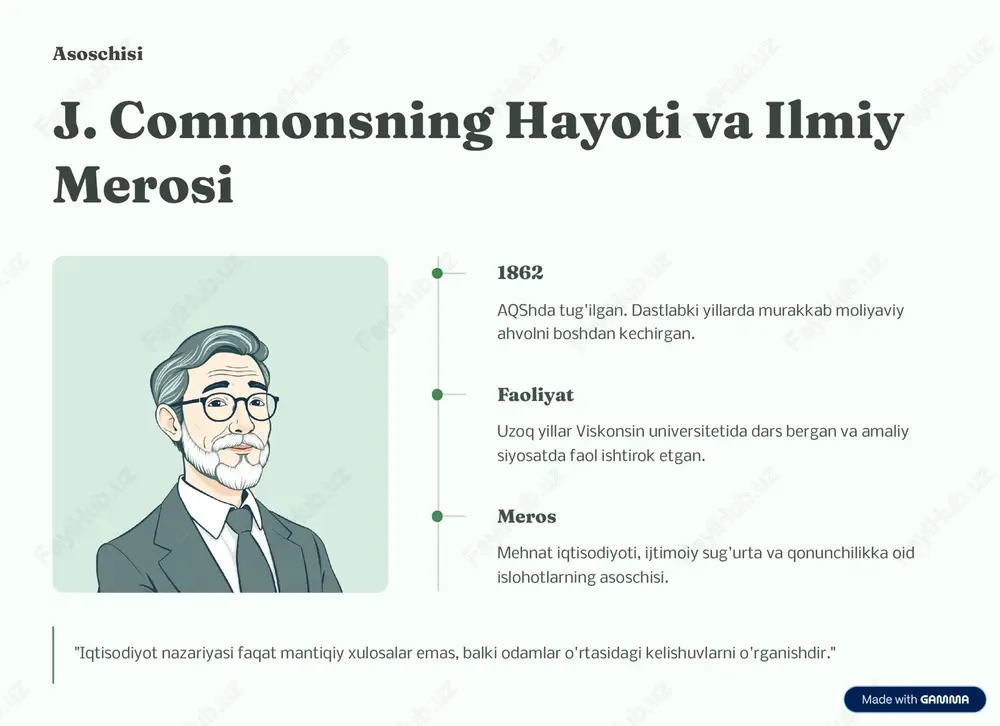 sik modellashtirishga yaqin. institutlar ijtimoiy mojarolarni hal qilish mexanizmi. noaniqlikni kamaytirish va samaradorlikni oshirish vositasi. commons ijtimoiy-siyosiy kontekstga chuqurroq e'tibor qaratadi, yangi yo'nalish esa neoklassik g'oyalarni institutlar bilan birlashtirishga harakat qiladi. https://gamma.app/?utm_source=made-with-gamma ta'�ir doira�i co��o�� nazariya�i�i�g za�o�aviy iqti�odiyotdagi a�a�iyati siyo�at va qo�u�c�ilik uning ishi mehnat qonunchiligi, ijtimoiy ta'minot tizimlari va davlat tartibga solishining zarurligini asoslash uchun ishlatiladi. korporativ bo��qaruv aksiyadorlar, menejerlar va xodimlar o'rtasidagi murakkab huquqiy munosabatlarni tushunishda yordam beradi. u�u�iy re�ur�lar elino ostromning umumiy mulk resurslarini boshqarish nazariyasiga bilvosita ta'sir ko'rsatgan. axloqiy iqti�odiyot iqtisodiy jarayonlarda adolat, tenglik va ijtimoiy mojarolarni hal qilish masalalariga e'tibor qaratadi. https://gamma.app/?utm_source=made-with-gamma mi�ollar: co��o�� nazariya�i�i qo'lla�� me��at mu�ozaralari�i hal qili�� kasaba uyushmalari va ish beruvchilar o'rtasidagi jamoaviy shartnomalar commonsning kollektiv harakatlar va kelishuv tranzaksiyalariga misol bo'ladi. mulk huquqlari i�lo�otlari yangi mulkchilik qonunlari (masalan, intellektual mulk) "ishchi qoidalar"ning evolyutsiyasini aks ettiradi, bu esa iqtisodiyotning yangi sohalarini tartibga soladi. https://gamma.app/?utm_source=made-with-gamma xulo�a jon r. commons nazariyasi iqtisodiy institutlar, …