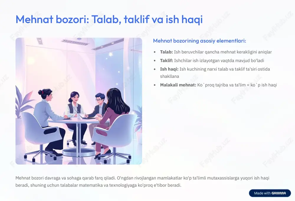2 bozor muvaffaqiyatli, lekin mukammal emas davlatning nizom va yo'naltirishi zarur 3 o'zbekiston uchun yangi imkoniyatlar investitsiya va innovatsiya yordamida rivojlanish mumkin muhim savol: qanday qilib o'zbekiston ishlab chiqarish omillari bozorlari bilan ishlashni yaxshilashi mumkin? tanzim, investitsiya va ta'lim kalitdir. https://gamma.app/?utm_source=made-with-gamma