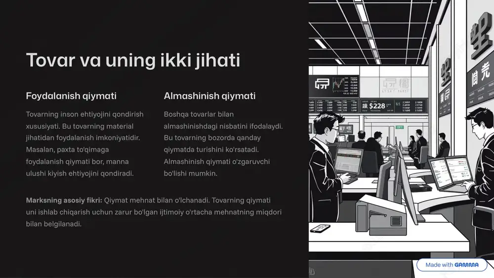 //gamma.app/?utm_source=made-with-gamma qiymat nazariyasining zamonaviy ahamiyati marksning qiymat nazariyasi xi% asr iqtisodiyotida asoslanigan bo'lsa-da, bugungi kunda ham dolzarbdir. mehnat va qiymat munosabatlari hozirgi global iqtisodiyotda ham mavjud. kapitalizmning ekspluatatsiya va tengsizlik muammolari hali hal qilinmagan. marks nazariyasi ijtimoiy adolat va iqtisodiy tahlil uchun muhim asos bo'lib qolmoqda. mehnat munosabatlari bugungi iqtisodiyotda ham ishchi ekspluatatsiyasi davom etmoqda tengsizlik boylar va xudolar orasidagi oraliq kengayib bormoqda tahlil asosi qiymat nazariyasi ijtimoiy tuzilmani tushunishga yordam beradi https://gamma.app/?utm_source=made-with-gamma xulosa qiymat nazariyasi 3 kapitalizmni tushunish kaliti asosiy mexanizm qiymat nazariyasi kapitalizmning asosiy mexanizmlarini ochib beradi va tovar bozorining tarixiy rolini tushuntiradi. ekspluatatsiya mexanizmi ortiqcha qiymat tushunchasi ishchi sinfining qanday ekspluatatsiyaga uchrayotganini aniq ko'rsatadi va kapitalistik foyda manbaisini tushuntiradi. bugungi dolzarblik marksning "kapital" asari iqtisodiy va ijtimoiy tahlil uchun muhim manba bo'lib qolmoqda va zamonaviy tengsizlik masalasini tushunishda yordam beradi. https://gamma.app/?utm_source=made-with-gamma