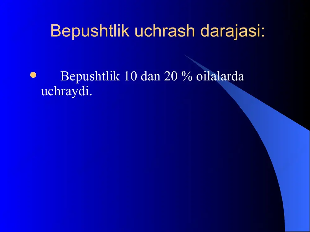 yatsiya - bu ko’p uchraydigan bepushtlik sababi hisoblanib, gipotalamo – gipofizar – tuxumdon faoliyatining buzilishi oqibatida yuzaga keladi. anovulyatsiya sabablari gipo- va gipertirioz isenko– kushenga sindromi modda almashunuvi o'zgarishlari gipoestrogeniya giperpro- laktinemiya giperand- rogeniya qonda androgen va lg miqdori normal va juda ko'payishi mumkin. tuxumdon o'lchamlari ham o’zgarib normal o'lchamdan bir necha marotiba oshishi mumkin. k l i n i k a s i oligoamenoreya amenoreya, galaktoreya, girsutizm dmk anovulyatsiyani davolash giperprolakteneimiya parlodel (1,25-2,5 mgg`sutg` prolaktin normal mikdorda bulsa, keyin klomifen (oddiy sxemada: 5 kundan 9-hayz tsikli kunlari 50 mg dan, madomiki unum bermasa ko'paytiriladi. 100-150 ml sutkasiga xg 2000-3000 me 2-4-6 kun bazal temperatura kutarilganida) gipotalamo- gipofizar sistemasi buzilishi (- anovulyatsiya. lt\« gestagen sinamasiq (klomifen, xg, pergonal) estrogen pasaygan gestagen sinamasi manfiy (xg, pergonal yoki rglg) tuxumdon giperandrogenemiyasi, estrogen ekskretsiya oshishi, tuxumdon polikistozi (gestogen q klomifen va agonist rglg q xg) tuxumdon faoliyati buzilishi natijasi giperandrogenemiya, (deksametazon (0,25 – …
