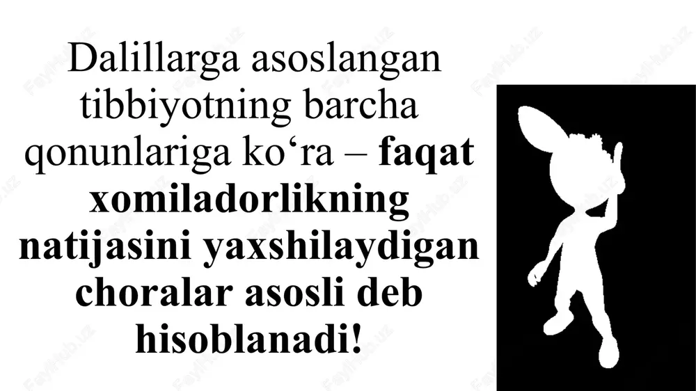 ish va alkogol iste’mol qilishning zarari haqida tushuntirish –targ‘ibot ishlarini o‘tkazish. umumiy amaliyot shifokorining antenatal parvarish bo‘yicha asosiy vazifalari: ssvning 2012 yil « 18» may dagi 137–sonli buyrugiga 2-sonli ilova homiladorlar uy varaqasini olib borish standarti homiladorlik va tug‘ruqdan keyingi davrning kechishini kuzatish homiladorlikning fiziologik kechishdan chetga chiqishini o‘z vaqtida aniqlash tibbiy yordam uchun murojaat qilish jarayoniga jalb etish homiladorlik davridagi asoratlarni kamaytirish shifoxonaga og‘ir ahvolda keladigan ayollar sonini, onalar va bolalar kasallanishi va o‘limini oldini olish zudlik bilan shifokorga murojaat kilishni talab qiladigan hushyorlik belgilari (har qanday vaqtda): qindan qon ketishi homila qimirlashi kamayishi yoki to‘htashi (12 soatdan ko‘p vaqt davomida) to‘satdan, kuchli bosh og‘rig‘i mushaklar uchishi, tirishish teri qoplamlari sarg‘ayishi qo‘l, yuz, tanada to‘satdan paydo bo‘lgan va tez tarqalgan shishlar ko‘rish qobiliyatini buzilishi qorinda og‘riq / doimiy bachadon qisqarishi homiladorlikning ikkinchi yarmida ko‘ngil aynishi va qusish (5 martadan ko‘p) siydik miqdorining kamayishi (400 ml.dan kam.) isitma yoki et …