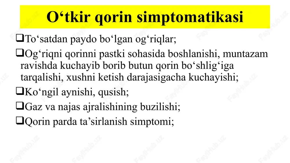 a) anemik (ichki qon ketish simptomatikasi) aralash og‘irlik darajasi bo‘yicha: yengil (qon ketishi 100-150 ml) o‘rta (150-500 ml) og‘ir (500 ml va undan ko‘p) etiopatogenez: endogen sabablar bachadonning noto`g`ri joylashuvi tomirlar ezilishi ekzogen sabablar jinsiy aloqa otga minish chandiqli yallig`lanish jarayonlari qorin jarohati jarroxlik aralashuvi klizma klinik belgilar: siklni o‘rtasida (12-16 kun) to‘liq sog‘lom xolatda qorinni pastki qismida to‘satdan vujudga kelgan kuchli og‘riqlar bo‘lib, oyoq va orqa chiqaruv yo‘liga irradiatsiyalanadi. ob’ektiv: qorin oldingi devorining taranglanishi (40,8%) qorin parda ta’sirlanish simptomi (25,8%) vaginal tekshiruv: qin gumbazining tushishi(26,7%) bachadon me’yoriy xajm va konsistensiyada (84,9%) bachadonni paypaslashni imkoniyati yo‘q (15,4%) palpatsiyaning og‘riqliligi(30%) bachadon ortiqlari sohasida o‘smasimon xosilalar (85%) bachadon ortiqlari sohasi palpatsiyasida qattiq og‘riq tashxislash xgch test-manfiy utt laparosopiya uash taktikasi: birlamchi baholash: ps, ad, saturatsiya; kislorod ulash; v\iga 0,9% fiziologik eritma ulash; anamnez yig‘ish; transportirovka vaqtida statsionar xodimlarini ogohlantirish tuxumdon kistomasi oyoqchasining buralib qolishi tasnifi kechishi bo‘yicha: o‘tkir sekin o‘ralishi bo‘yicha: qisman …