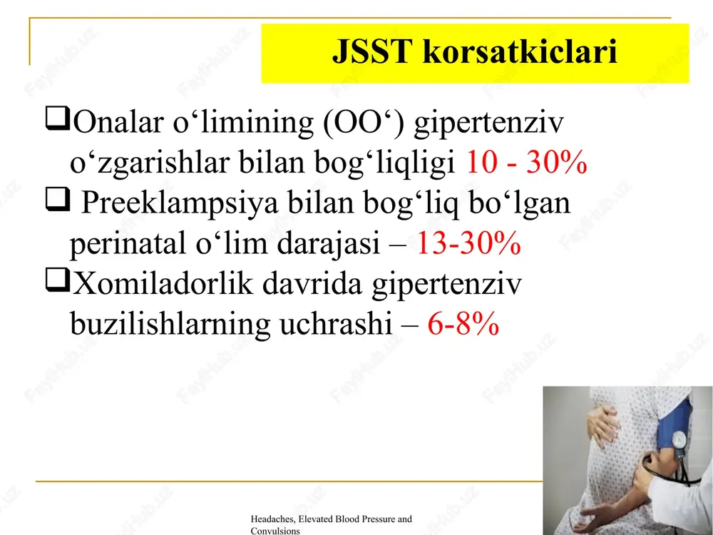 asa, yana 5mg til ostiga) 1a.homiladorlik vaqtida uzoq vaqt davomida ag.ni davolash uchun eng yaxshi tanlov vositasi- metildopa(dopegit) asoslar: agar daqb > 110 mm sim.ust. boʻlsa, antigipertenziv vositalar yuborishni boshlang miyaga qon quyilishining oldini olish uchun daqb - 90-100 mm rt. st. miqdorda saqlab turing 10/22/2025 11 when a patient seizes, it is important to ensure that the airway is clear, oxygen is being delivered to the tissues and the patient cannot harm herself. treatment includes antihypertensives and anticonvulsants. antihypertensives include hydralazine, labetolol and nifedipine. the goal is to lower blood pressure, but not to drop it too much or too fast, as that can cause intracranial hemorrhage. headaches, elevated blood pressure and convulsions 12 gestatsion gipertenziya gestatsion gipertenziya – homiladorlikning 20 xaftasidan soʻng boshlangan gipertenziya daqb homiladorlikning 20 xaftasidan soʻng 1 soat interval bilan 2 marta oʻlchanganda 3a. homilador ayolda saqb >160mm.sm.ust. va daqb >110mm.sm.ust.ga ko`tarilganda statsionarga gospitalizatsiya qilish …