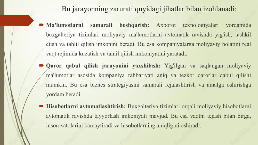 ik: tahlil natijalarini grafik va diagrammalar orqali vizual tarzda taqdim etish ma'lumotlarning tushunarliligini oshiradi va qaror qabul qilish jarayonini yengillashtiradi. qaror qabul qilishni qo'llab-quvvatlash: at tizimlari orqali olingan tahlil natijalari asosida rahbariyat va mutaxassislar tezkor va asosli qarorlar qabul qilishlari mumkin. bu esa tashkilotning samaradorligini oshiradi katta hajmdagi ma'lumotlar bilan ishlash: "big data" texnologiyalari yordamida ulkan hajmdagi ma'lumotlarni tahlil qilish va ulardan foydali ma'lumotlar olish imkoniyati mavjud. bu esa biznes jarayonlarini optimallashtirish va yangi imkoniyatlarni aniqlashga yordam beradi. bulutli ma'lumotlar bazalari bu ma'lumotlarni saqlash va boshqarish uchun bulutli hisoblash platformalarida joylashtirilgan bazalardir. ular an'anaviy, joyida o'rnatilgan (on-premises) ma'lumotlar bazalariga o'xshash funktsiyalarni bajaradi, lekin bulutli texnologiyalarning afzalligi moslashuvchanligi va kengayuvchanligidan foydalanishdir. bulutli ma'lumotlar bazalarining asosiy afzalliklari: moslashuvchanlik va kengayuvchanlik: bulutli bazalar biznes ehtiyojlariga qarab tezda kengaytirilishi yoki qisqartirilishi mumkin, bu esa o'zgaruvchan talablarni qondirishda yordam beradi. tejamkorlik: bulutli xizmatlar infratuzilma xarajatlarini kamaytiradi, chunki foydalanuvchilar faqat foydalanilgan resurslar uchun to'lov qiladilar va …