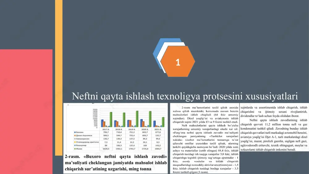 etildi. oʻzbekiston neft mustaqilligiga erishgach, chetdan neft va neft mahsulotlari tashib keltirishga zarurat qolmadi. 2000-yilda oʻzbekiston neft sanoatida gaz kondensata bilan birga 7,53 mln. t neft qazib olindi. neft-kimyo sanoatining rivojlanishi tufayli hozirgi zamon iqtisodiyotida neftning ahamiyati ortib bormoqda. jahonda neft sanoati aqsh, rossiya, buyuk britaniya, saudiya arabistoni, eron, quvayt,venesuela, xitoy va boshqa mamlakatlarda rivojlangan. neftni qayta ishlash korxonalarida xarajatlar tasnifi 3 neftni qayta ishlash korxonalarida ishlab chiqarish jarayoni nisbatan aloxida ajratilgan, ammo bir vaqtning o‘zida o‘zaro bog‘langan ko‘p sondagi qurilmalarda kechadi. xarajatlar asosan bosqichlar bo‘yicha xisobga olinsada, neft mahsulotlarining turlari bo‘yicha mahsulot tannarxini aniqlashning o’zini xususiyatlariga ega, shuning uchun xarajatlar aloxida turlarga nisbatan bilvosita xisoblanadi va taqsimlanadi, jarayonlarning faqat arzimagan qismigina oddiy bo‘lib, ulardagi xarajatlarni mahsulot turiga olib borish mumkin. 1 bular: neftni qayta ishlashga tayyorlash jarayoni, moyli fraksiyalarni tozalashning ba’zi bir turlari, tovar mahsulotini ishlab chiqarishda komponentlarni aralashtirish. 2 xarajatlarning xisobi va mahsulot tannarxini aniqlashda boshqaruv xisobini yagona …