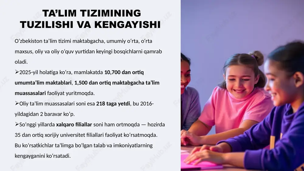 antirib, mamlakat ilmiy salohiyatini mustahkamlamoqda. kadrlar tayyorlash va yoshlarni qo‘llab-quvvatlash 8 ta’lim va ilm-fan — o‘zbekistonning yangi taraqqiyot bosqichiga olib kiruvchi asosiy omillardir. 2025-yil va undan keyingi yillarda quyidagi ustuvor maqsadlar belgilangan: ta’lim sifati va qamrovini oshirish; ilmiy natijalarni ishlab chiqarishga joriy etish; xalqaro reytinglarda o‘rinni mustahkamlash; ilmiy kadrlar va o‘qituvchilar mehnatini rag‘batlantirish. “ta’limga sarmoya — kelajakka sarmoyadir.” xulosa 9 image1.png image2.png image3.png image4.jpeg image5.png image6.png image7.jpeg image8.png image9.png image10.jpeg image11.png