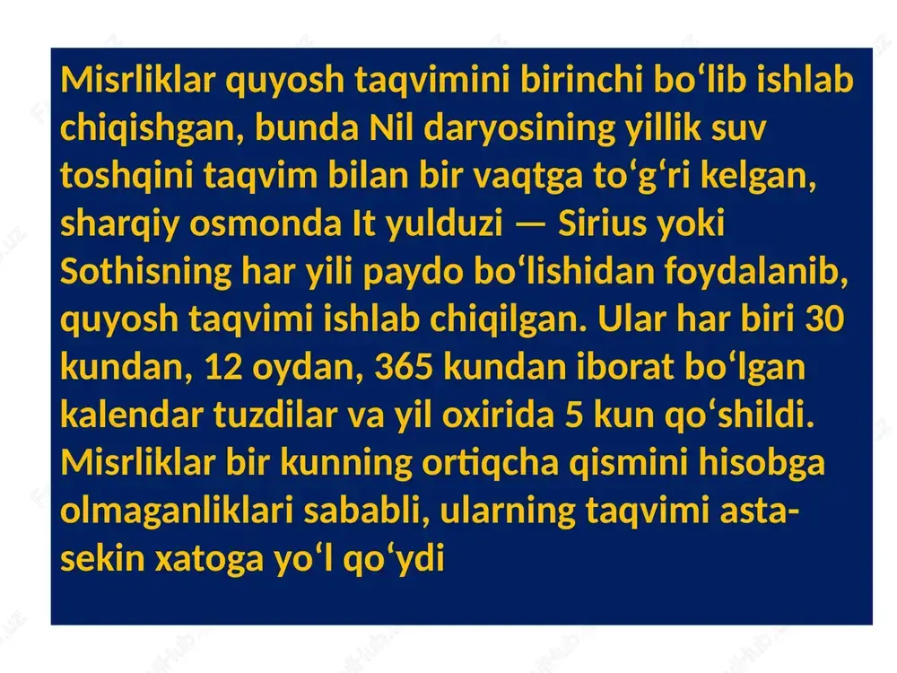 larining yil fasllari bilan aloqadorligini saqlab turish maqsadida har bir shahar xukmdorining maxsus qarori bo‘yicha goxi-goxida 13-oy qo‘shib borilgan. image1.jpeg image2.jpeg image3.jpeg image4.jpeg image5.png image6.jpeg