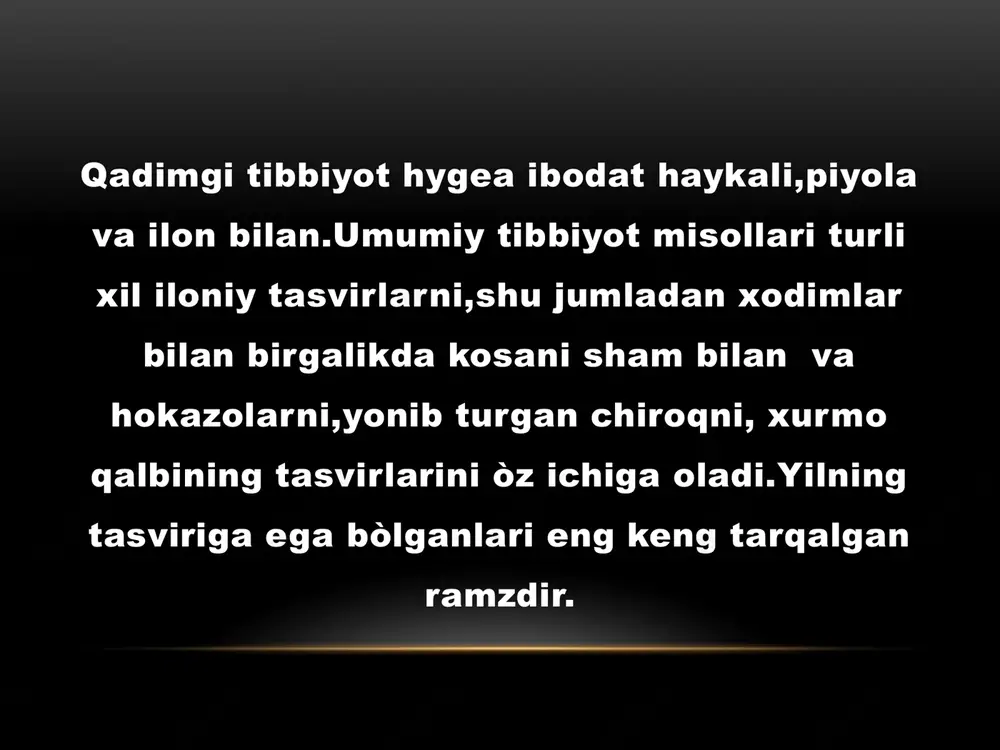 rni saqlash uchun idishdir. asclepius jamoasi asclepius jamoasi xodimlari taniqli tibbiy belgidir. u yaltiroq boshi bilan o’ralgan yalang’och tayoq ko’rinishida tasvirlangan. ushbu emblem qadimgi yunonistonda eramizdan avvalgi viii asrda paydo bo’lgan. afsonaga ko’ra ilohiy ilohiy kelib chiqishi bo’lgan asclepius tibbiyotining patroni (mantiqiy rimda) eng mohir shifokor bo’lgan va hatto o’liklarni ham tiriltirishi mumkin edi. o’sha o’g’lini tiriltirish uchun u krit shohi minosning saroyiga taklif qilingan edi. asclepius yugurib borib, yalang’och atrofida kovlab qo’yilgan xodimlarga suyanib ketdi. u qo’rqib ketdi va uni o’ldirdi. lekin birdaniga ikkinchi ilon paydo bo’lib, og’zidagi o’simlikni ko’tarib chiqdi. bu o’t bilan u o’lganlarni tiriltirdi. asclepius bu o’simlik shifobaxsh bo’lgani , uni to’plab shohning o’glini tiriltirganini tushundi. ikkita ilon bilan o’ralgan qanotli ustunni ifodalovchi muvozanatli va yaxshi fazilatning ramzi. rim mifologiyasida merkuriy ikki jang ilonini yarashtirish uchun tayoq ishlatgan. e’tiboringgiz uchun rahmat!!! image3.jpeg image4.jpeg image5.jpeg image6.jpeg image7.png image1.png