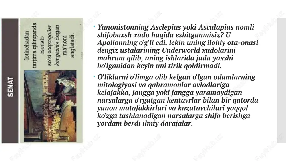 si tizimlarini o'rnatdilar, bu esa bu sog'liqni saqlash uchun muhim ekanligini tushunish edi. buni ularning o'liklarni shahar devorlari tashqarisida ko'mish amaliyotlarida, suv o'tkazgichlari, jamoat cho'milish joylari va umumiy kanalizatsiya tizimlari orqali katta miqdorda suv ta'minotida ko'rish mumkin. shuningdek, ular shaharlarga yaqin joylarda botqoqlarni quritishni boshladilar. rimdagi birinchi taniqli shifokorlardan biri galen edi. u gretsiyadagi hayvonlarni, shu jumladan maymunlarni yorib ko'rish orqali, inson anatomiyasi bo'yicha mutaxassis bo'ldi. qadimgi rimda o'zining mashhurligi va tajribasi tufayli galen imperator mark avreliyning shaxsiy shifokori bo'ldi. milodiy 10-yilda avgust rimda ishlaydigan shifokorlarga soliq imtiyozi berdi, shuningdek ularni davlat vazifalaridan chetlashtirdi. ushbu imtiyozlar rimga o'qimagan va malakasiz shifokorlarning to'lib ketishiga olib keldi, bu esa har bir mintaqada faqat tanlangan miqdordagi davlat shifokorlariga soliq imtiyozlarini taqdim etdi. yunon ramzlari va xudolari qadimgi rim tibbiyotiga katta ta'sir ko'rsatgan. asklepios'u qadimgi gretsiyada shifo xudosi deb tanilgan bo'lsa-da, tug'ilganidan u hech ajoyib ega. uning homiysi chiron bola dori ta'lim bera boshladi …