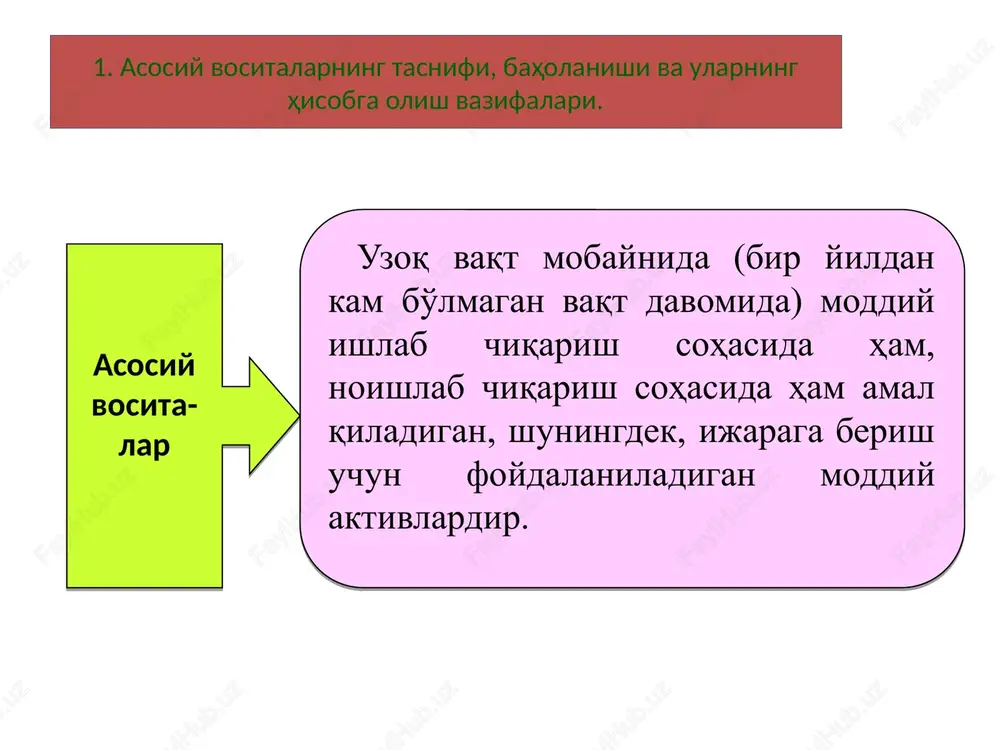 -0190 6110, 6120 11 asosiy vositalarni qayta baholash: a) qiymatining oshirilishi b) qiymatining kamaytirilishi 0110-0199 8510 8510 0110-0199 asosiy vositalarning harakati quyidagi hujjatlar yordamida hisobga olinadi: av-1 shakli - «asosiy vositalarni qabul qilish va berish akti» -asosiy vositalarning kirim va chiqimini qayd qilish uchun. av-2 shakli - «ta'mirlangan, mukammallashtiril­gan va rekonstruktsiya qilingan asosiy vositalarni qabul qilish va topshirish dalolatnomasi»- ob'ektlarning boshlang'ich qiymatining oshishini qayd qilish uchun. av-3 shakli - «asosiy vositalarni hisobdan chiqarish» ob'ektlarni tugatish uchun. av-4a shakli - «avtotransport vositalarini tugatish dalolatnomasi». av-7 shakli - «asosiy vositalarni hisobga olish uchun inventar kartochkalari» har bir asosiy vositaning holati va harakatini alohida qayd qilib boradi. av-8 shakli - «asosiy vositalarning harakatini qayd qilish kartochkasi»- ularning kirim va chiqimini hisobga olib boradi. av-9 shakli - «asosiy vositalarning inventar ro'yxati» ularning foydalanish joylari bo'yicha hisobini tashkil qilish uchun ishlatiladi. 3. asosiy vositalarning eskirishi (amortizatsiyasi) hisobi amortizatsiya (eskirish) - foydali xizmat muddati mobaynida aktivning …