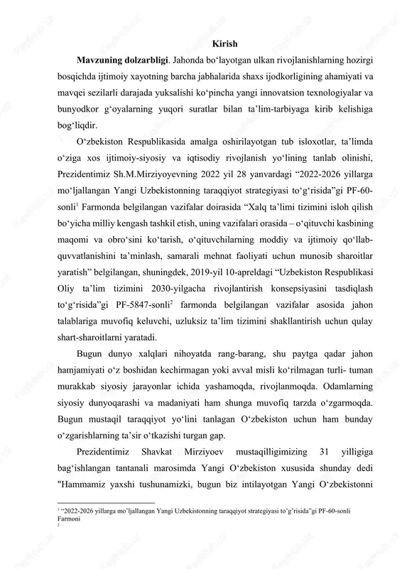 o‘naltirilgan davlat siyosati ijtimoiy jamiyat taraqqiyotini ta’minlovchi ustuvor yo‘nalishlardan biri sifatida e’tirof etilmoqda. bu yo‘nalishda amalga oshiriladigan muxim tadbirlar qatorida mutaxassislarni“uzbekiston respublikasi oliy ta’lim tizimini 2030-yilgacha rivojlantirish konsepsiyasini tasdiqlash to‘g‘risida”gi pf-5847-sonli farmon ng yangi avlodi ma’naviy-ahloqiy jihatdan yetuk, mustaqil dunyoqarashga hamda ijtimoiy fikrlovchi, umuminsoniy va milliy kadriyatlarga ega shaxsni tarbiyalab voyaga yetkazish vazifalari belgilangan. menejment” tushunchasining o‘zi jahon amaliyotida keng talqin qilingan. boshqaruv deganda odamlar bilan o‘zaro munosabatda bo‘lish usuli yoki uslubi, shuningdek boshqaruvning kuchi va san'ati, maxsus qobiliyatlari, boshqaruv organi yoki ma’muriy birlik tushuniladi. biroq, olimlar tomonidan ta’kidlanganidek, menejment san'at sifatida tushuniladi. buning sababi shundaki, tashkilotlarning o‘zlari juda murakkab tizimlar bo‘lib, ularning ishlashi ko‘p va xilma-xil tashqi va ichki omillarga bog'liq. demak, menejment mustaqil bilim sohasi, alohida fan, toʻgʻrirogʻi fanlararo soha boʻlib, u eng toʻgʻri “boshqaruv tafakkuri” deb ataladi, fan, tajriba, malakani oʻzida mujassamlashtirgan, boshqaruv sanʼati bilan toʻldirilgan. ko‘pgina fanlar va ularning yutuqlari boshqaruv fikriga ta’sir qiladi. shu sababli, …