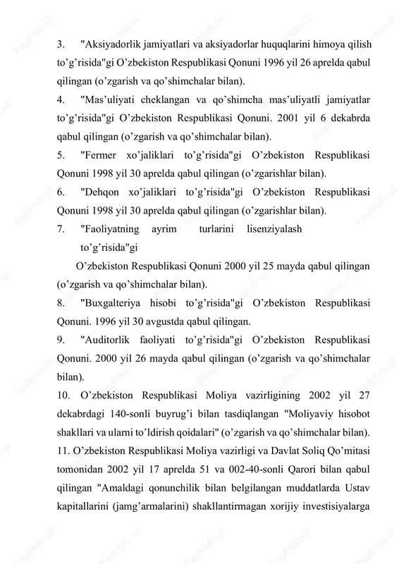 ’jalik faoliyati buxgalteriya hisobi schetlar rejasi". 14. o’zbekiston respublikasi moliya vazirligi tomonidan 1998 yil 26 iyulda 17-07/06-sonli buyrug’i bilan tasdiqlangan "moliyaviy hisobotni tayyorlash va taqdim etishning konseptual asosi". 15. 1-sonli "hisob siyosati va moliyaviy hisobot" o’zbekiston respublikasi buxgalteriya hisobining milliy standartlari (bhms). o’zbekiston respublikasi moliya vazirligi tomonidan 1998 yil 26 iyulda 17-07/86-son bilan tasdiqlangan. 16. 19-sonli "inventarizasiyani tashkil etish va o’tkazish" o’zbekiston respublikasi bhms. o’zbekiston respublikasi moliya vazirligi tomonidan 1999 yil 19 oktyabrda eg/17-19-2075-son bilan tasdiqlangan. 17. dastlabki hujjatlar, hisob registrlari va boshqa doimiy hujjatlar. 2. auditning maqsadi, vazifalari va manbalari xo’jalik yurituvchi sub’ektlar ustav faoliyatini amalga oshirish maqsadida ustav kapitali, zahira kapitali va qo’shilgan kapital yaratiladi. taqsimlanmagan foyda esa xo’jalik yurituvchi sub’ekt faoliyati natijasida vujudga keladi. ularni tekshirishdan maqsad, xo’jalik yurituvchi sub’ektning ro’yxatga olingan sanasidan boshlab uni tugatish yoki qayta tuzishgacha bo’lgan davr mobaynida faoliyatning qonuniyligini tasdiqlash, baqaror faoliyat olib borishi, raqobatbardoshligi va ishlab chiqarishni yanada rivojlantirishni ta’minlashdan iborat. …